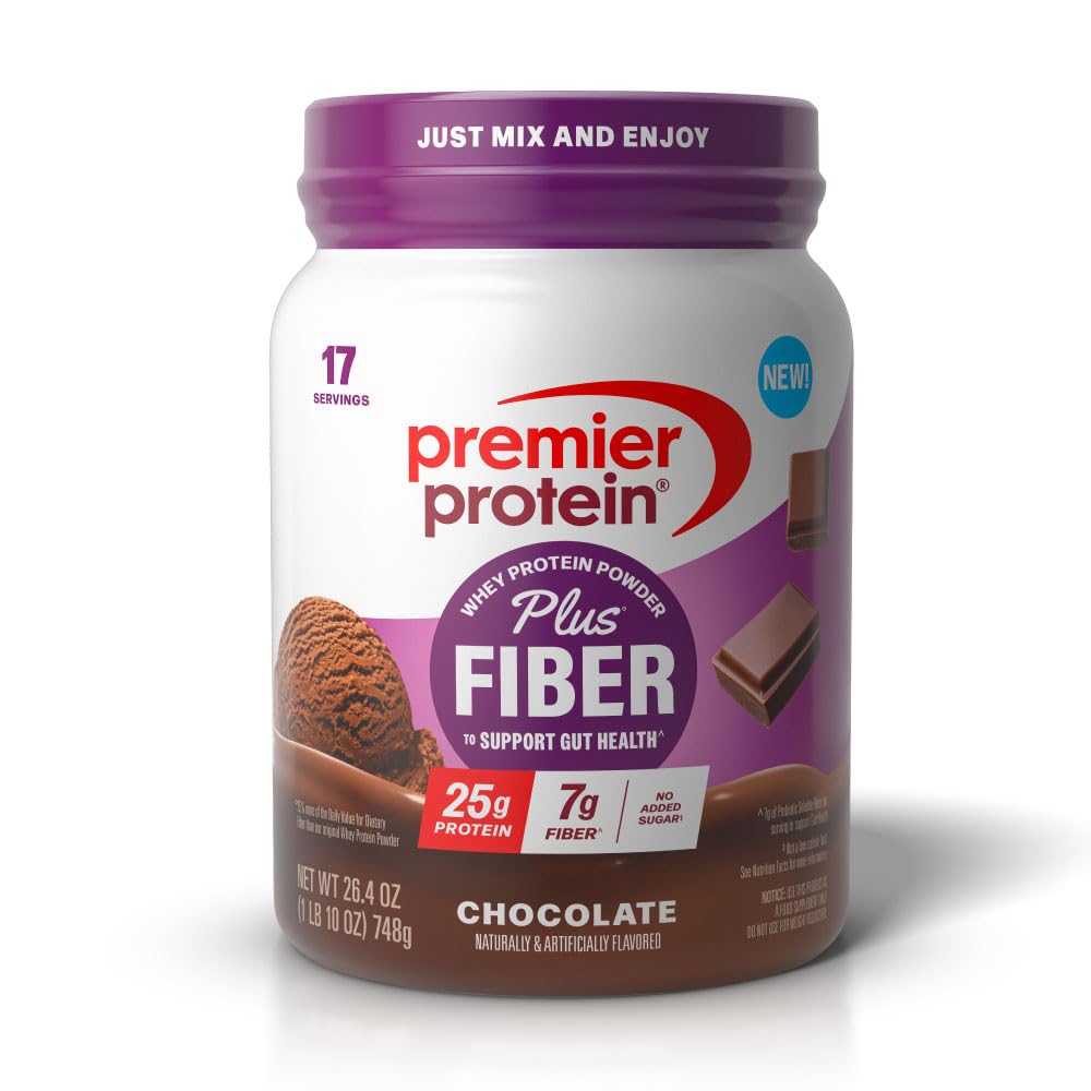 Premier Protein Powder Plus Fiber, Chocolate, 25g Protein, 7g Fiber to Support Gut Health, No Added Sugar (17 Servings)