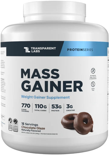 Transparent Labs Mass Gainer Protein Powder - Naturally Flavored Grass-Fed Whey w/ 53g Protein, 110g Carbs, High-Calorie Powder for Muscle Gain & Recovery, 3g Creatine - 15 Servings, Chocolate Glaze