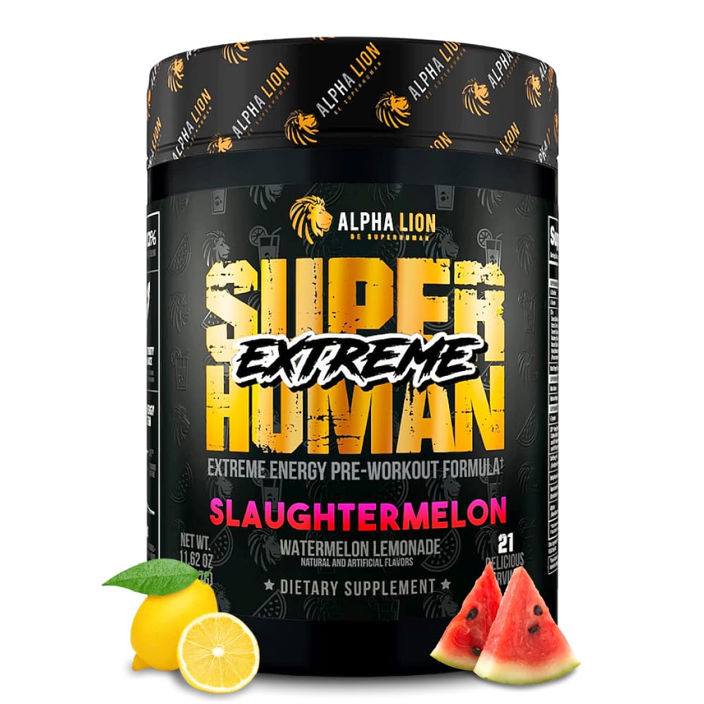 ALPHA LION Superhuman Extreme High Stim Pre Workout Powder, Beta Alanine, L-Taurine & 356mg Tri-Source Caffeine for Sustained Energy, Nitric Oxide & Citrulline for Pump (21 Servings, Slaughtermelon)