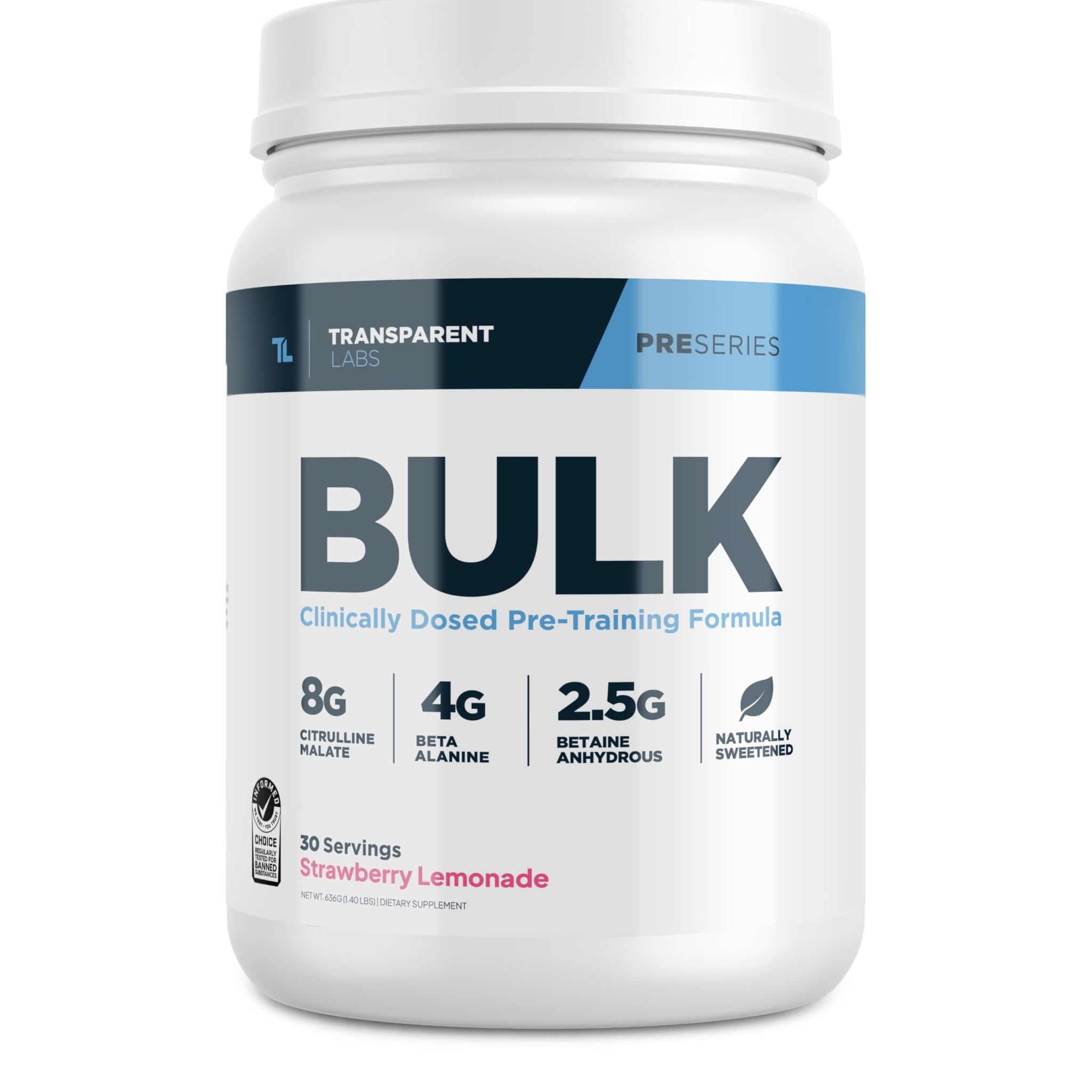 Transparent Labs Bulk Pre Workout Powder - Naturally Sweetened Advanced Pre-Workout Formula for Muscle Building and Strength - 30 Servings, Strawberry Lemonade