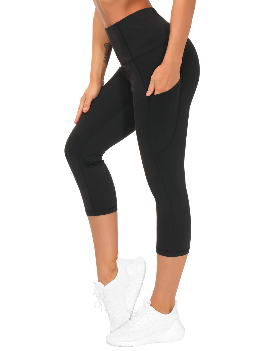 THE GYM PEOPLE Women’s High-Waist Capris – Thick Tummy Control Yoga Pants for Running, Gym, and Workouts, Black