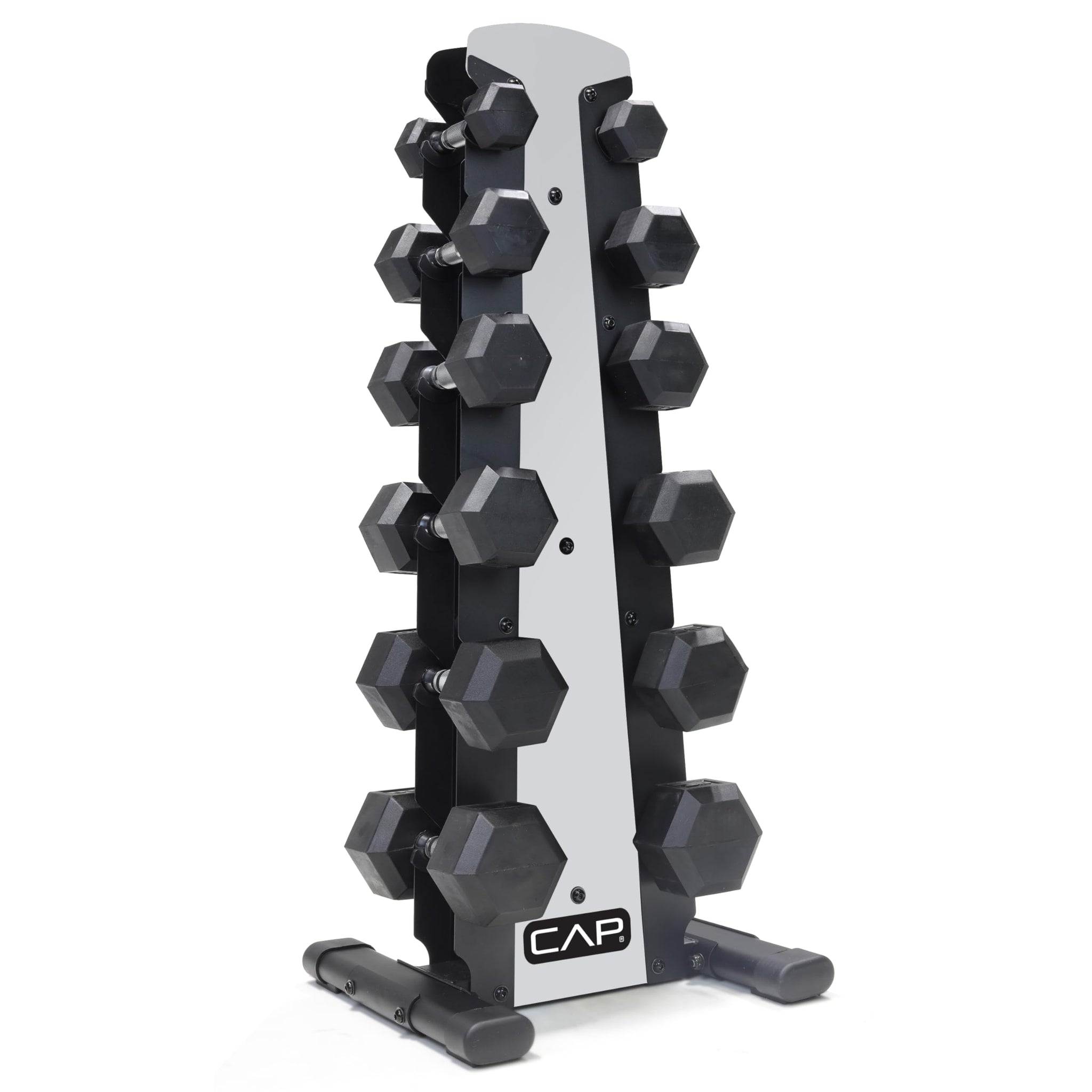 CAP Barbell 210 LB Rubber Coated Hex Dumbbell Hand Weight Set with Vertical Silver Rack | Chrome Handles