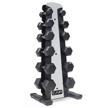 CAP Barbell 210 LB Rubber Coated Hex Dumbbell Hand Weight Set with Vertical Silver Rack | Chrome Handles