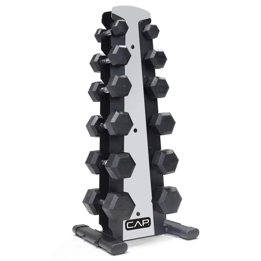 CAP Barbell 210 lb Rubber Coated Hex Dumbbell Set – Chrome Handles, Vertical Silver Rack
