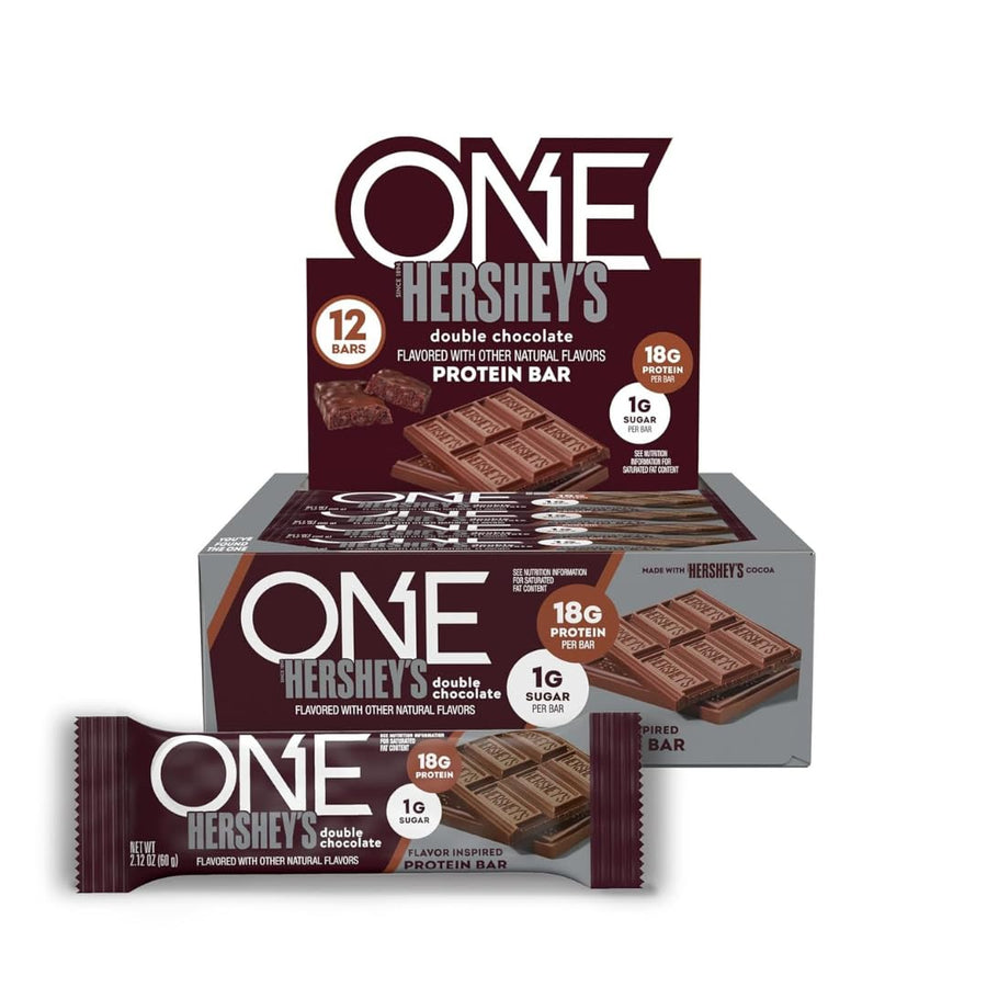 ONE Protein Bars – NEW Hershey's Double Chocolate, Gluten-Free, 18g Protein, 3g Sugar, 12 Count, 2.12 oz Each