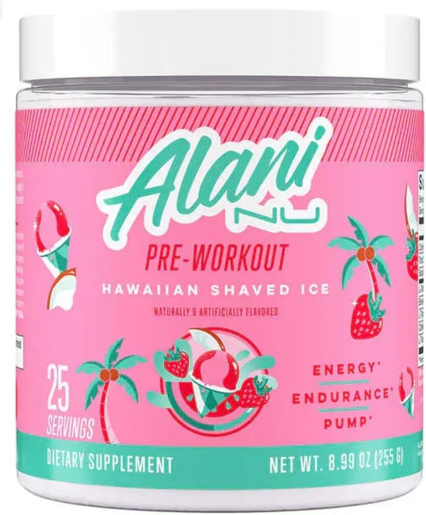 Alani Nu Pre-Workout Supplement Hawaiian Shaved Ice – 200mg Caffeine with Amino Acids, 25 Servings