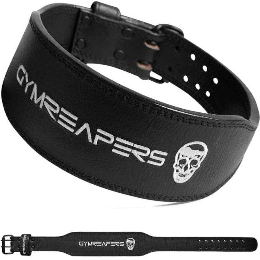 Gymreapers Leather Weightlifting Belt – 4" Reinforced Back Support Belt for Strength Training (Black)