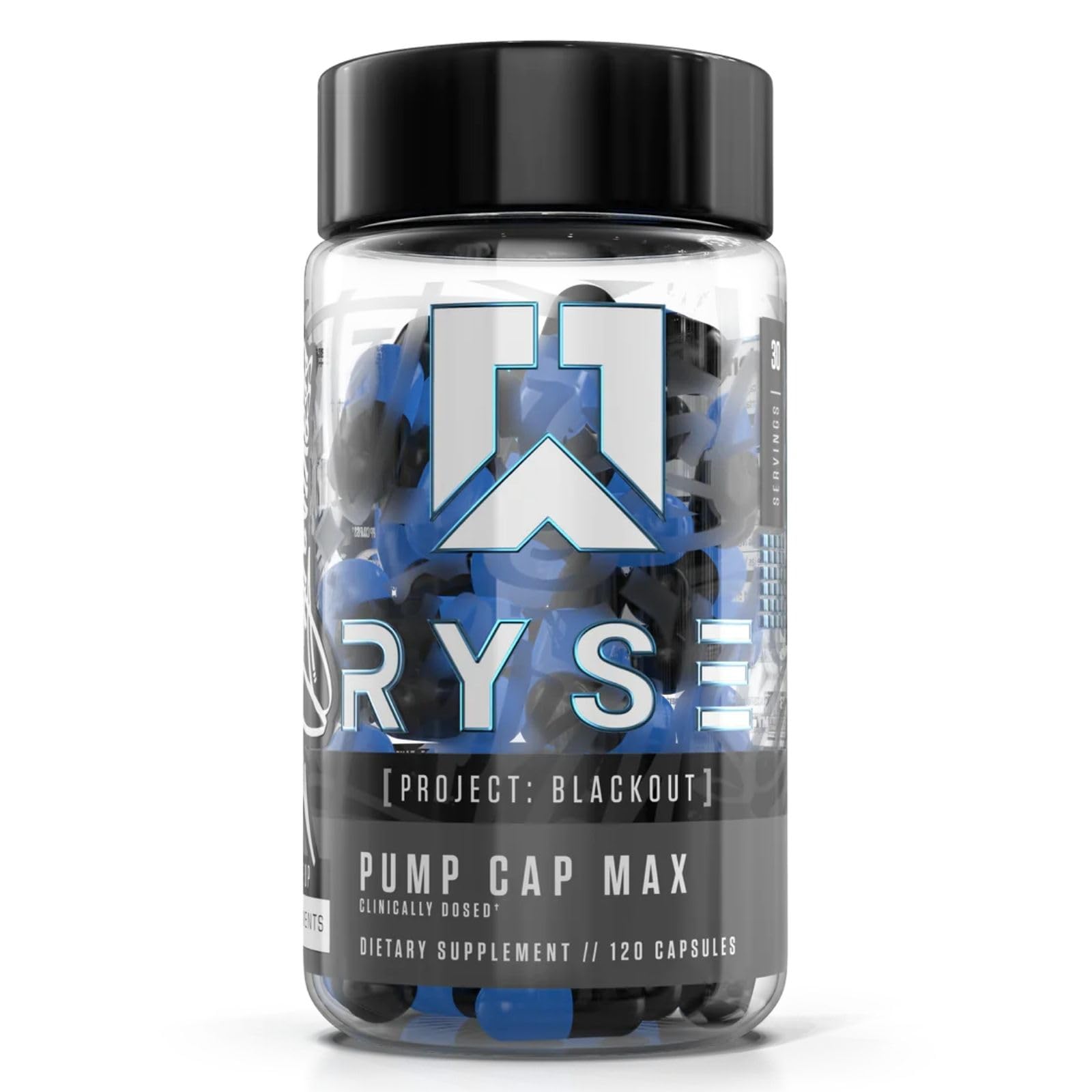 RYSE Project Blackout Pump Cap Max - Pre Workout Nitric Oxide Booster Supplement for Men with Betaine Nitrates & Citrulline Peptides for Maximum Muscle Pumps and Blood Flow - 30 Servings (120 Count)