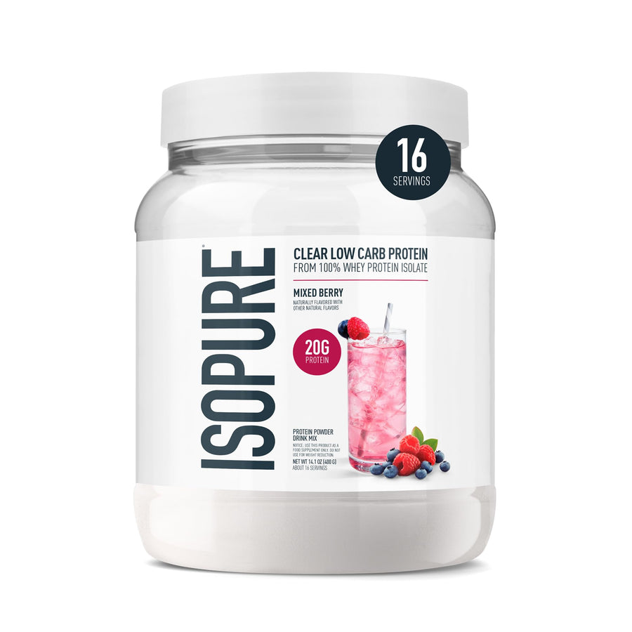 Isopure Clear Whey Isolate Protein Powder – Lactose-Free, Gluten-Free, Mixed Berry, 20g Protein, 16 Servings