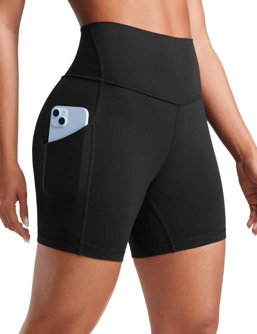 CRZ YOGA Women’s Butterluxe Biker Shorts – 5" High Waist with Pockets, Volleyball Workout, Black