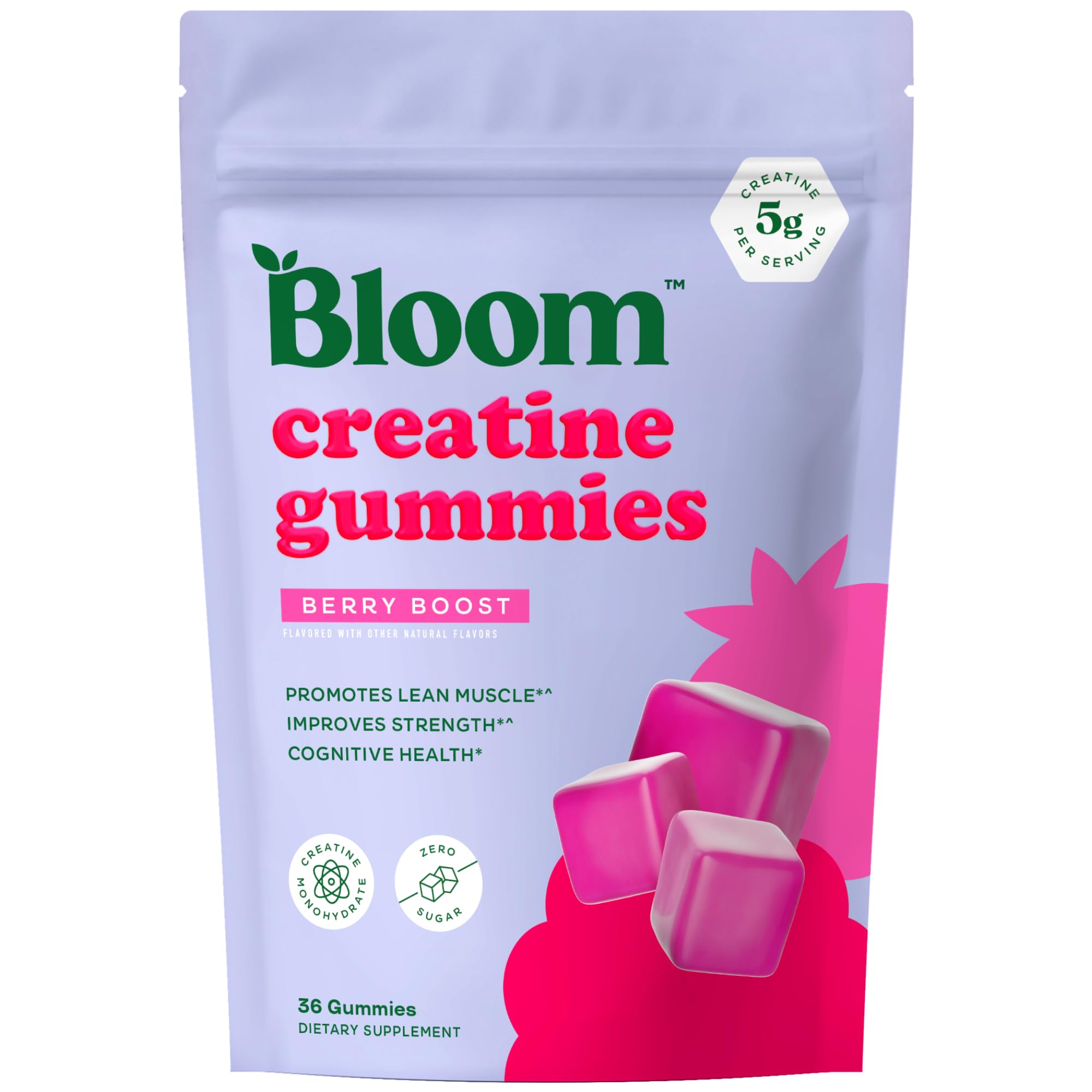 Bloom Creatine Monohydrate Gummies, 5g Per Serving, Sugar Free Creatine Gummy for Workout, Strength, Cognitive Health & Lean Muscle Support, Gluten Free & Non GMO, Berry Boost, 36 Gummies, 12 SVG