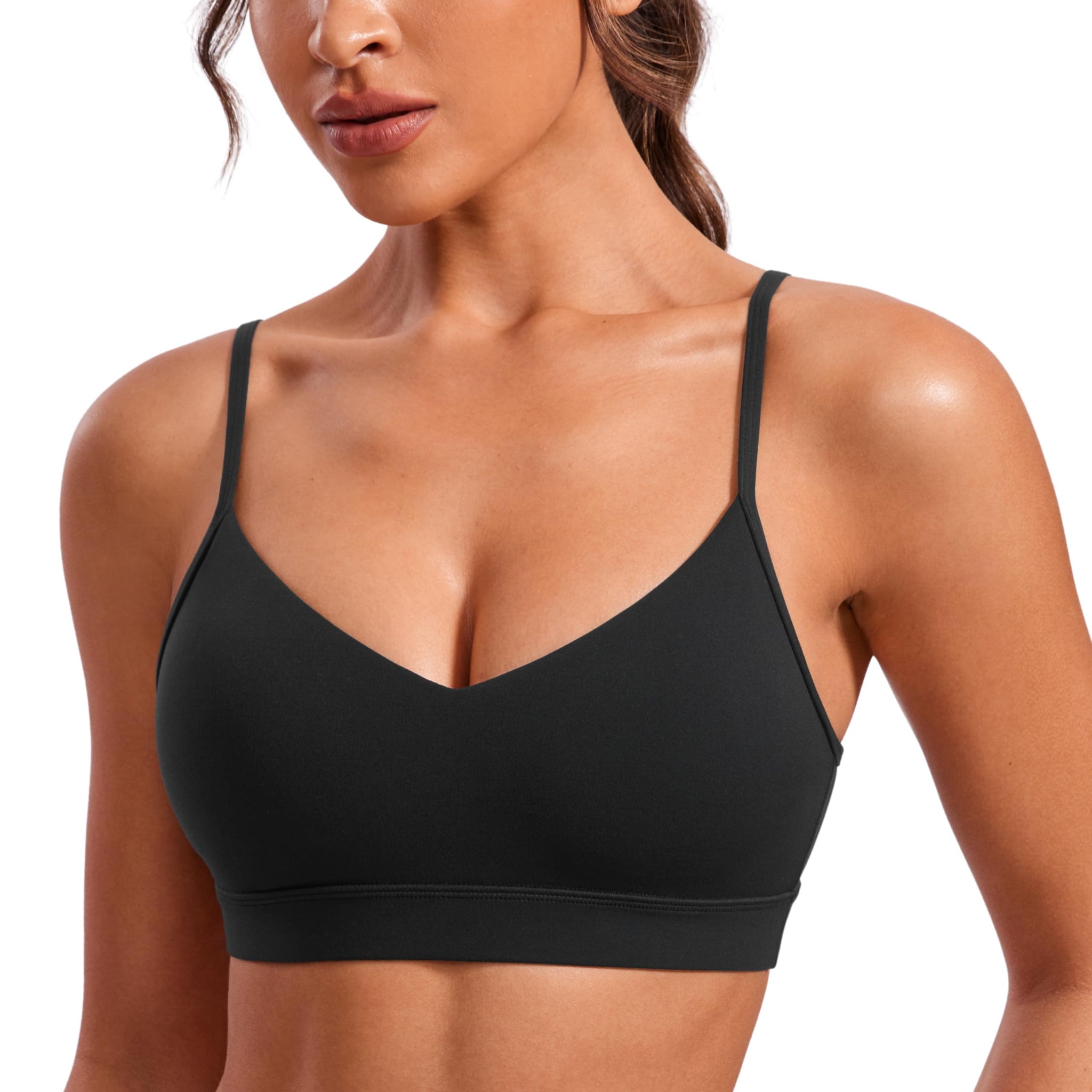 CRZ YOGA Butterluxe V-Neck Sports Bras for Women - Adjustable Thin Straps Padded Yoga Top Basic Wireless Camisole Black Large