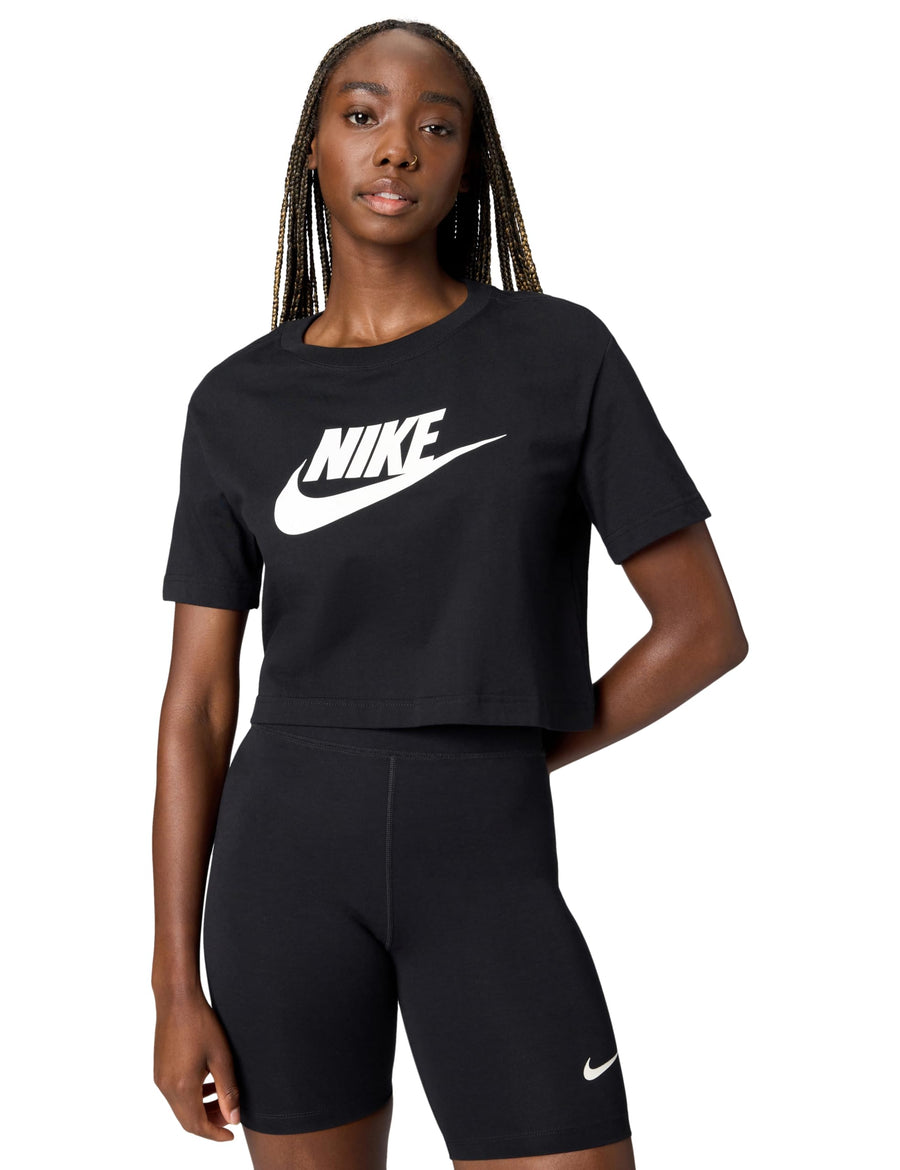 Nike Women's Cropped Cotton T-Shirt – Soft Short-Length Casual Training Top (Black/White)