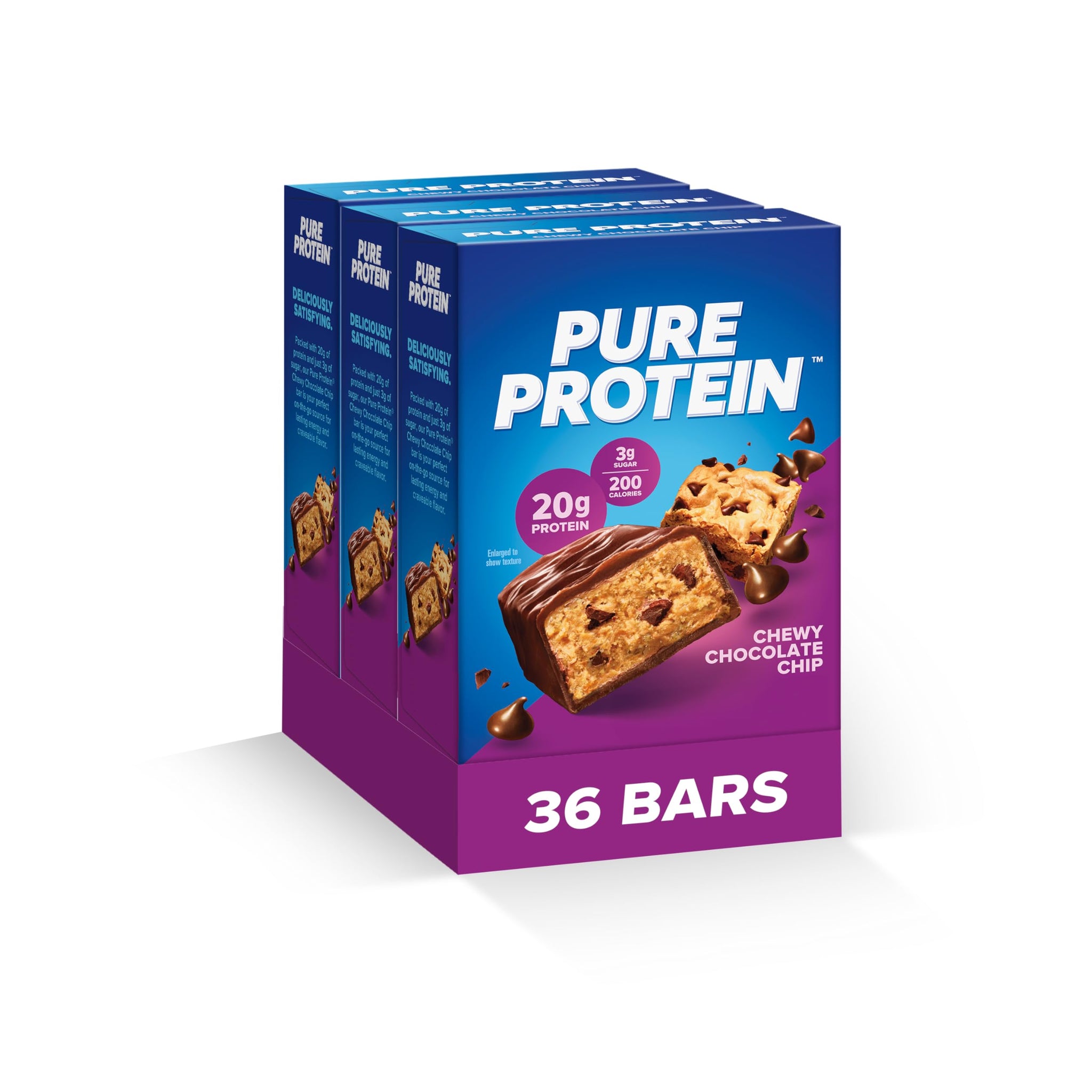 Pure Protein Bars, High Protein, Nutritious Snacks to Support Energy, Low Sugar, Gluten Free, Chewy Chocolate Chip, Pack of 36