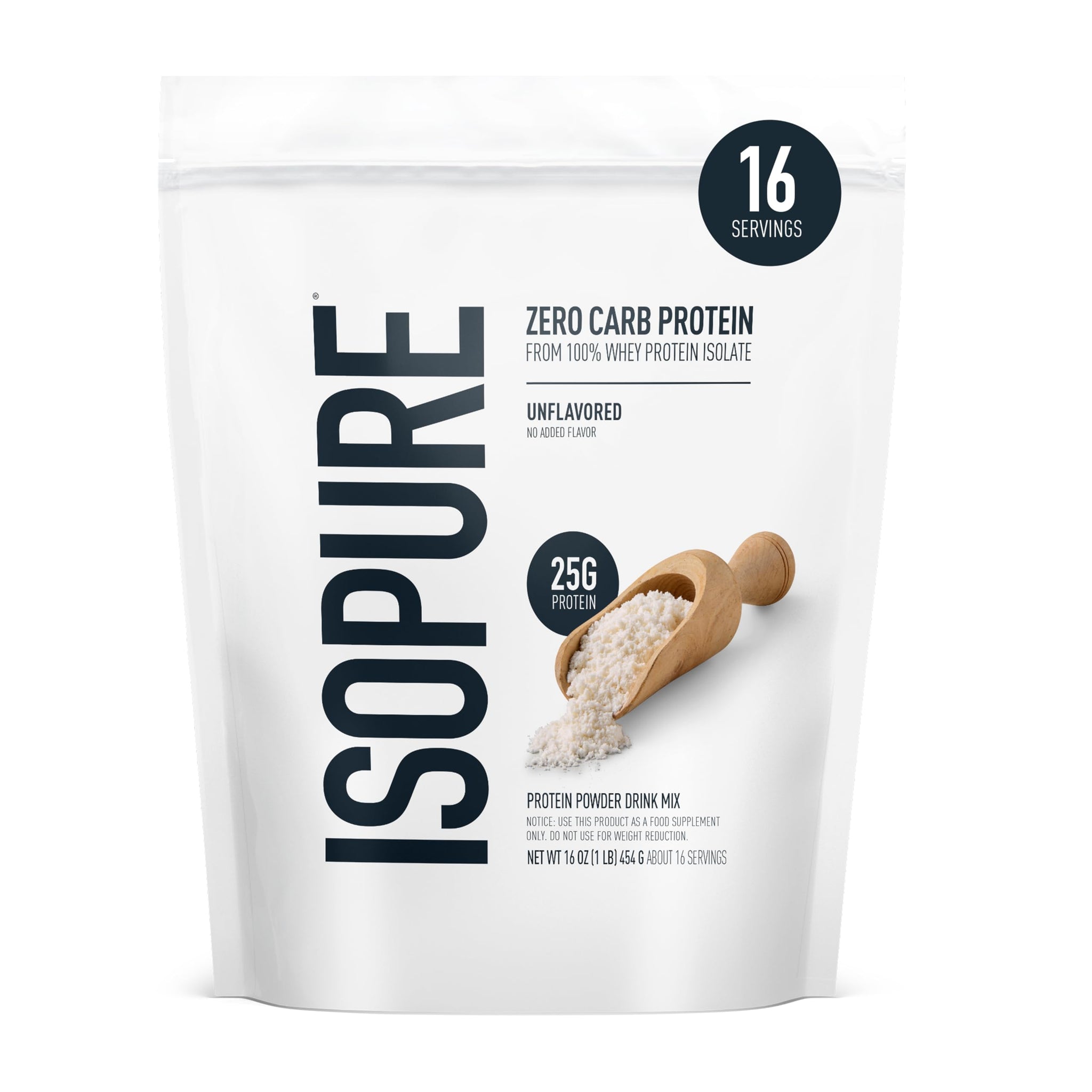 Isopure Zero Carb 100% Pure Whey Isolate Protein Powder, Lactose Free, Gluten Free, with Vitamins, Unflavored, 25g Protein Per Serving, 1 Lb, 16 Servings (Packaging May Vary)