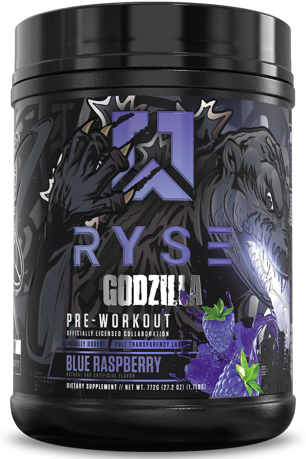 RYSE Godzilla X Noel Deyzel Pre Workout Powder - Blue Raspberry - 400mg Caffeine, High Stim Pre-Workout for Men & Women with Citrulline & Beta Alanine - Energy, Pump & Focus - 20/40 Servings