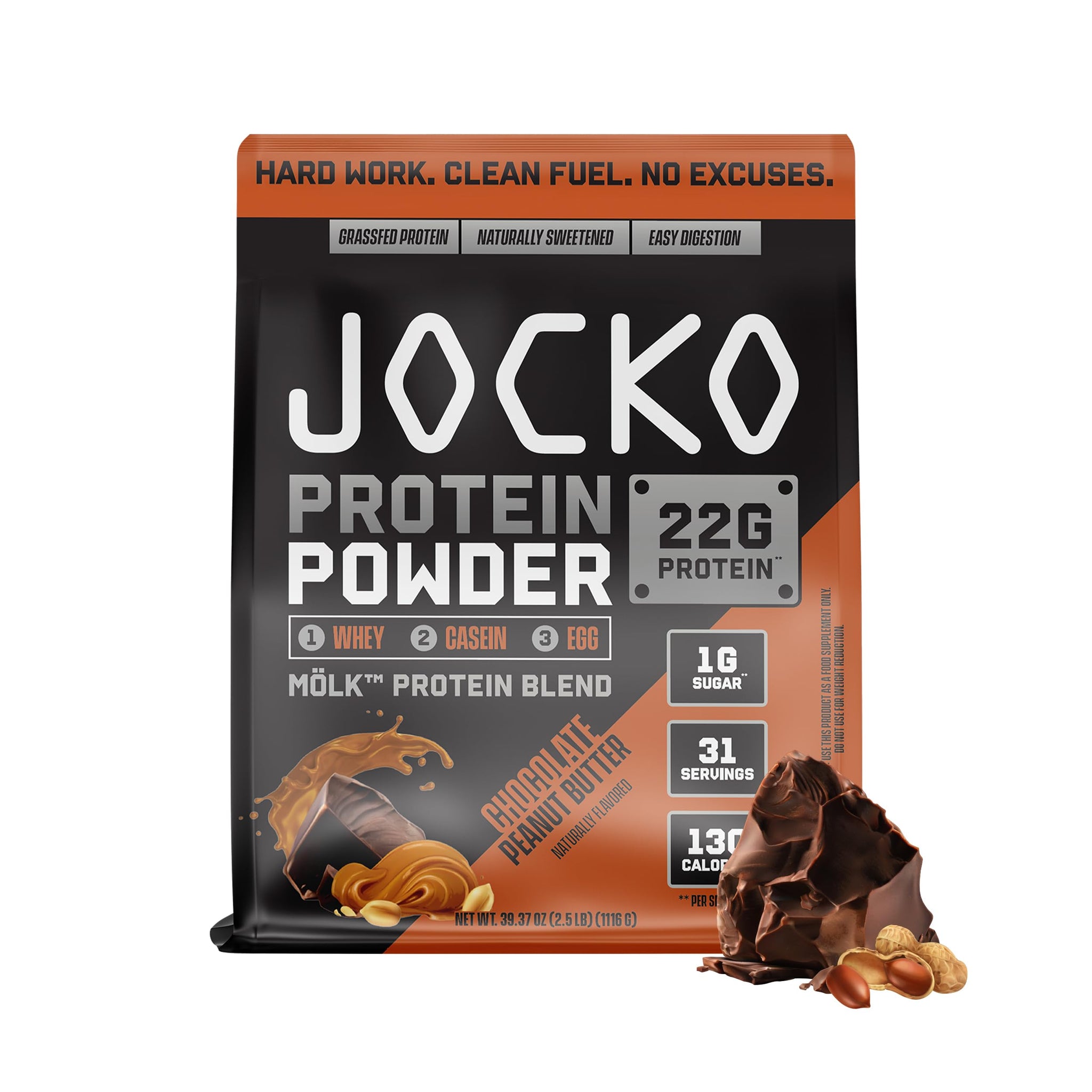 Jocko Fuel Mölk Whey Protein Powder 22g Low Sugar Monk Fruit Blend - Muscle Recovery & Growth, Packaging May Vary (31 Servings, Chocolate Peanut Butter)