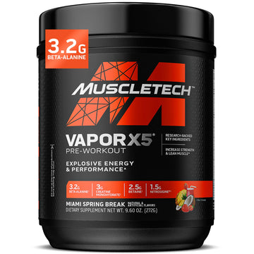 MuscleTech Pre-Workout Powder, Vapor X5 - Sports Nutrition Muscle Building Supplements for Women & Men - Intense Muscle Pump Energy Powder Drink Mix - Miami Spring Break, 272g (30 Servings)