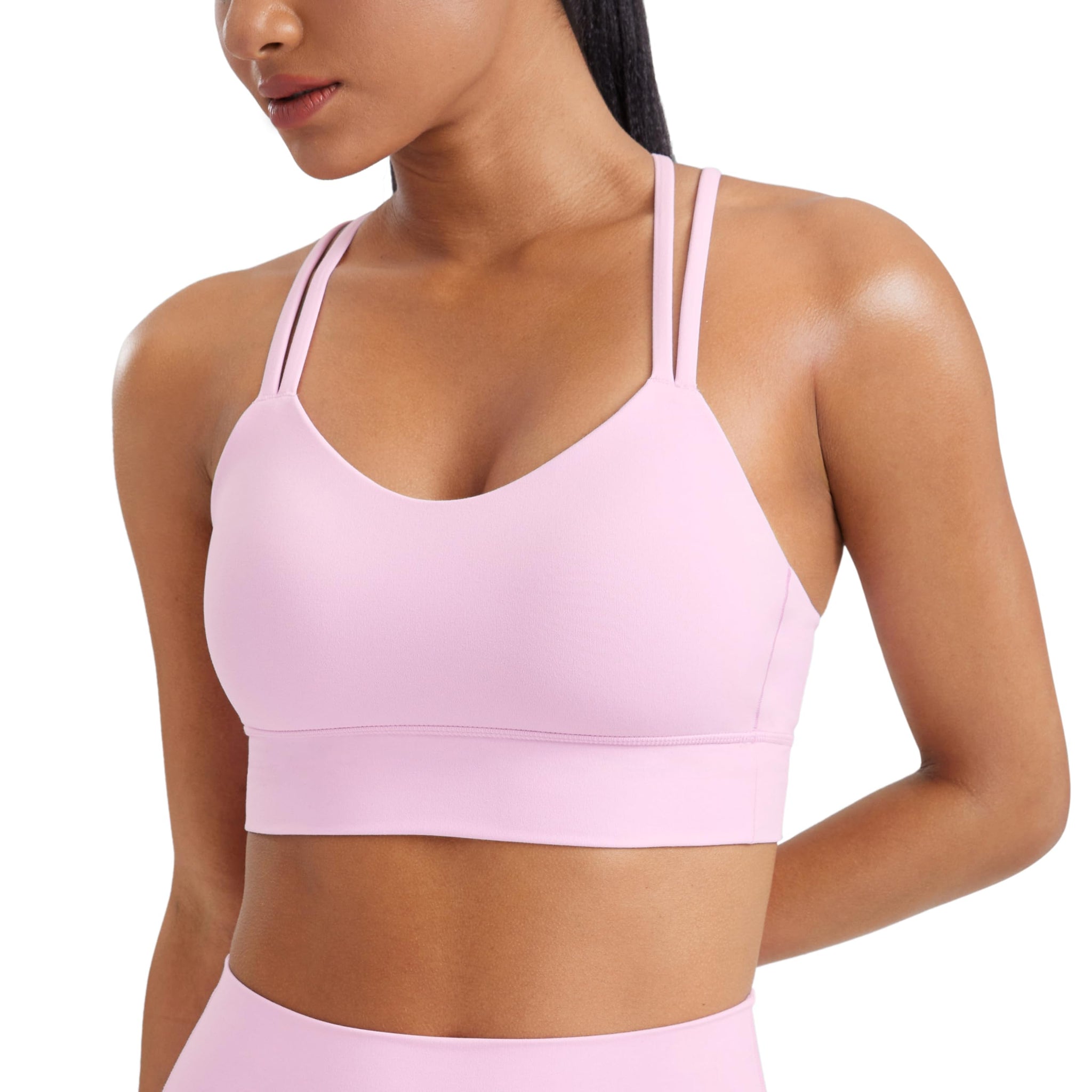 CRZ YOGA Softness Mold Womens Butterluxe Strappy Longline Sports Bra - Double Spaghetti Strap Workout Yoga Crop Top Athletic Vita Pink Small