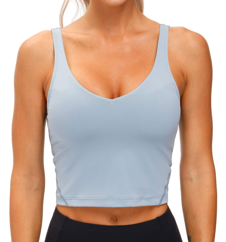 Women’s Longline Sports Bra – Wirefree Padded Medium Support Yoga Bra for Gym, Running, and Workout, Denim Blue
