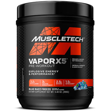 MuscleTech Pre-Workout Powder, Vapor X5 - Sports Nutrition Muscle Building Supplements for Women & Men - Intense Muscle Pump Energy Powder Drink Mix - Blue Razz Freeze, 266g (30 Servings)
