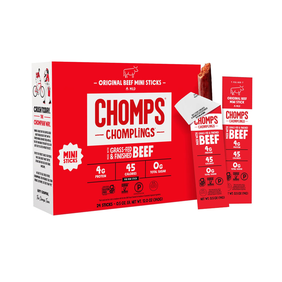Chomps Original Grass-Fed Beef Jerky Snack Sticks 0.5oz 24-Pack – High-Protein Keto & Paleo Snack
