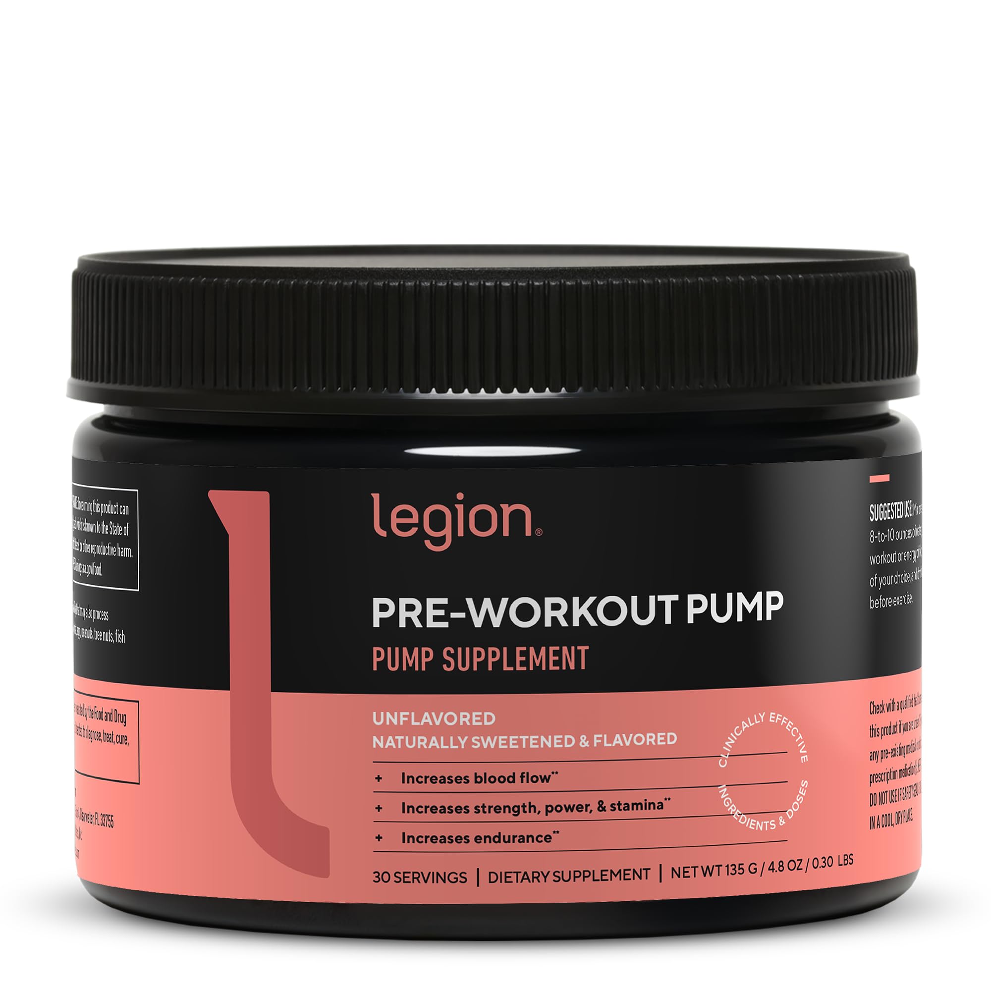 LEGION Pre Workout Pump - Arginine Supplement Boosts Nitric Oxide Production - Nitric Oxide Booster Helps Increase Strength & Stamina, Promotes Enhanced Muscular Efficiency (Unflavored, 30 Servings)