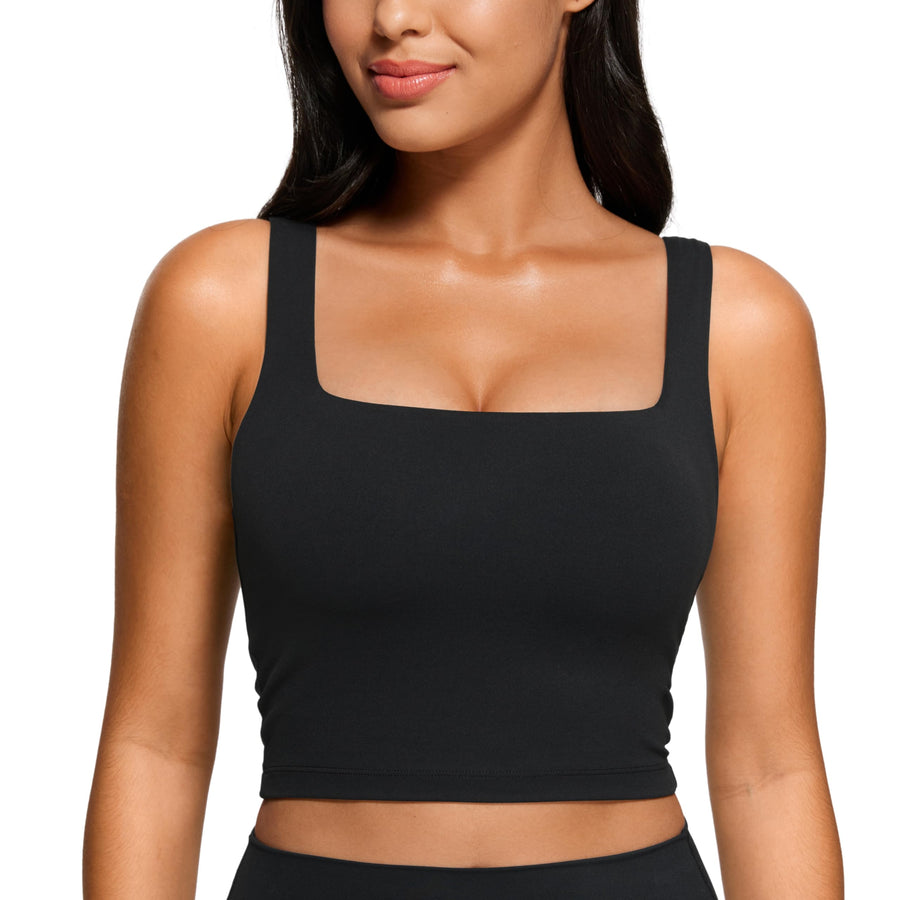 CRZ YOGA Women’s Butterluxe Square Neck Longline Sports Bra – Padded Workout Crop Tank with Built-In Pads, Black