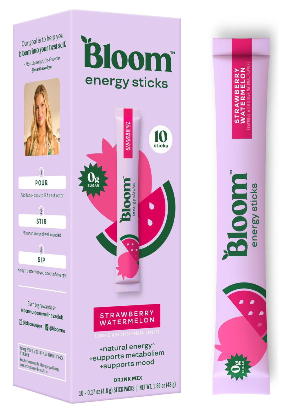 Bloom Nutrition Energy Drink Powder Packets Strawberry Watermelon – Zero Sugar 10 Pack