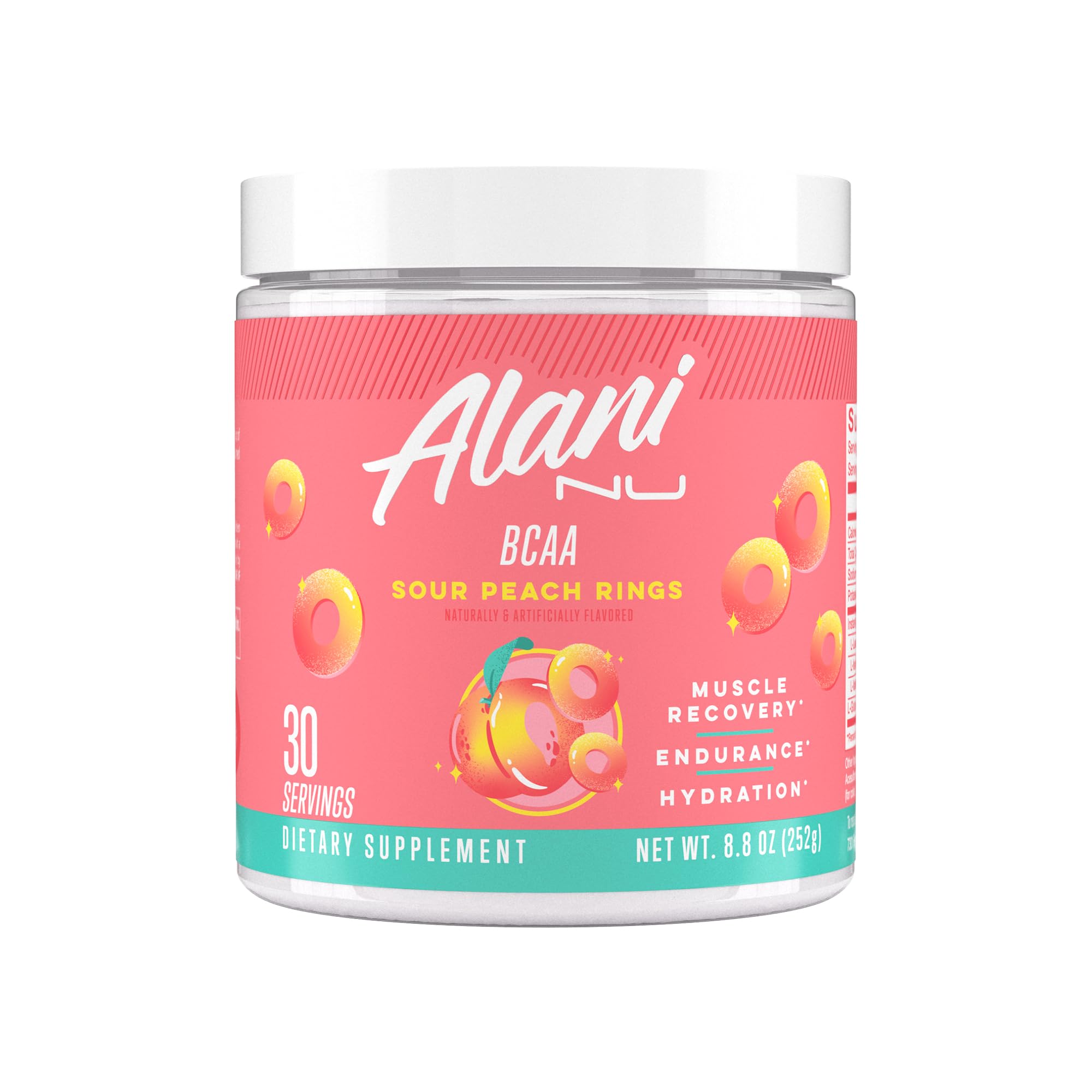 Alani Nu BCAA Sour Peach Ring | Branch Chain Essential Amino Acids | 2:1:1 Formula | Supplement Powder | Muscle Recovery Vitamins for Post-Workout | 30 Servings