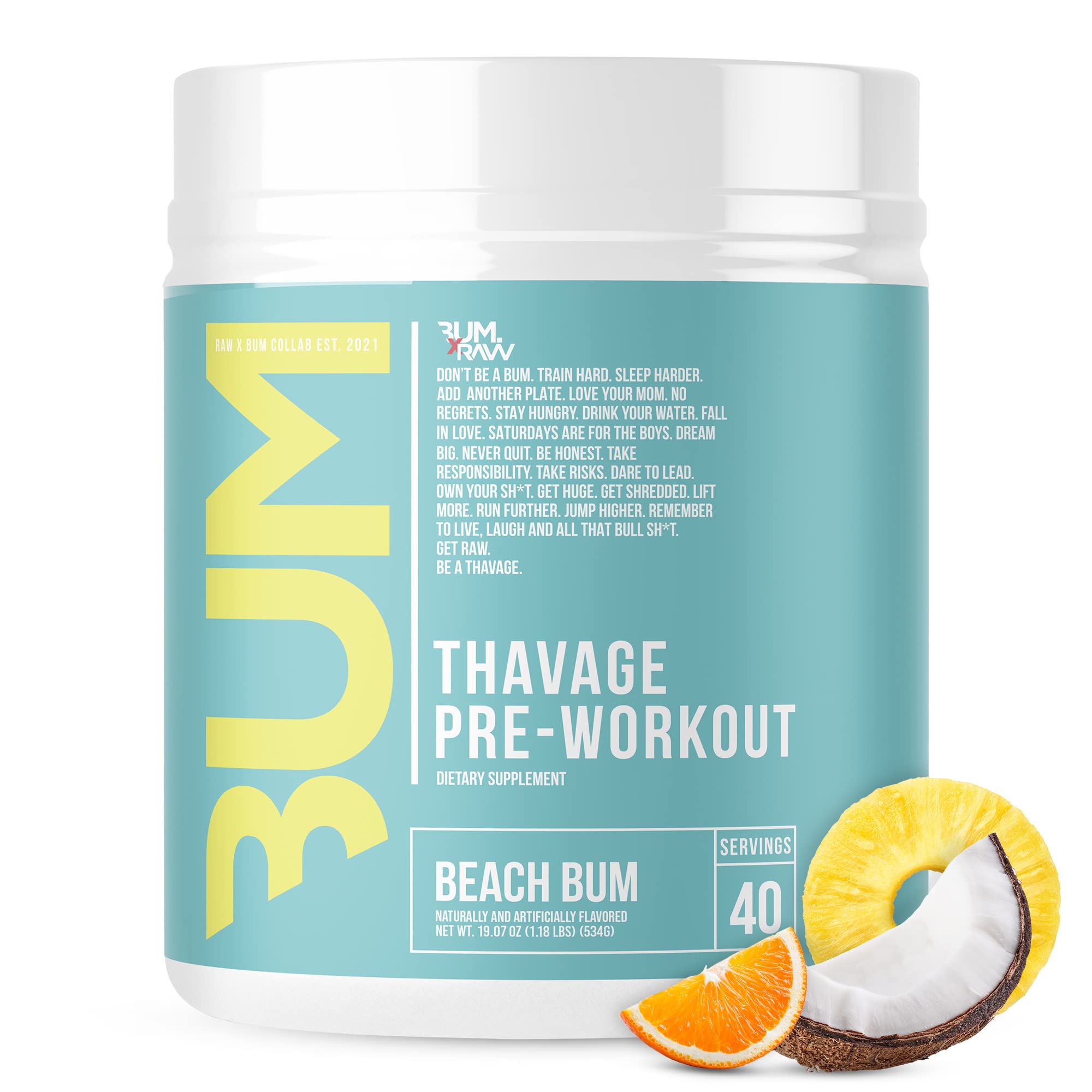RAW Pre Workout Powder, Thavage (Beach Bum) - Chris Bumstead Sports Nutrition Supplement for Men & Women - Cbum Pre Workout for Working Out, Hydration, Mental Focus & Energy - 40 Servings