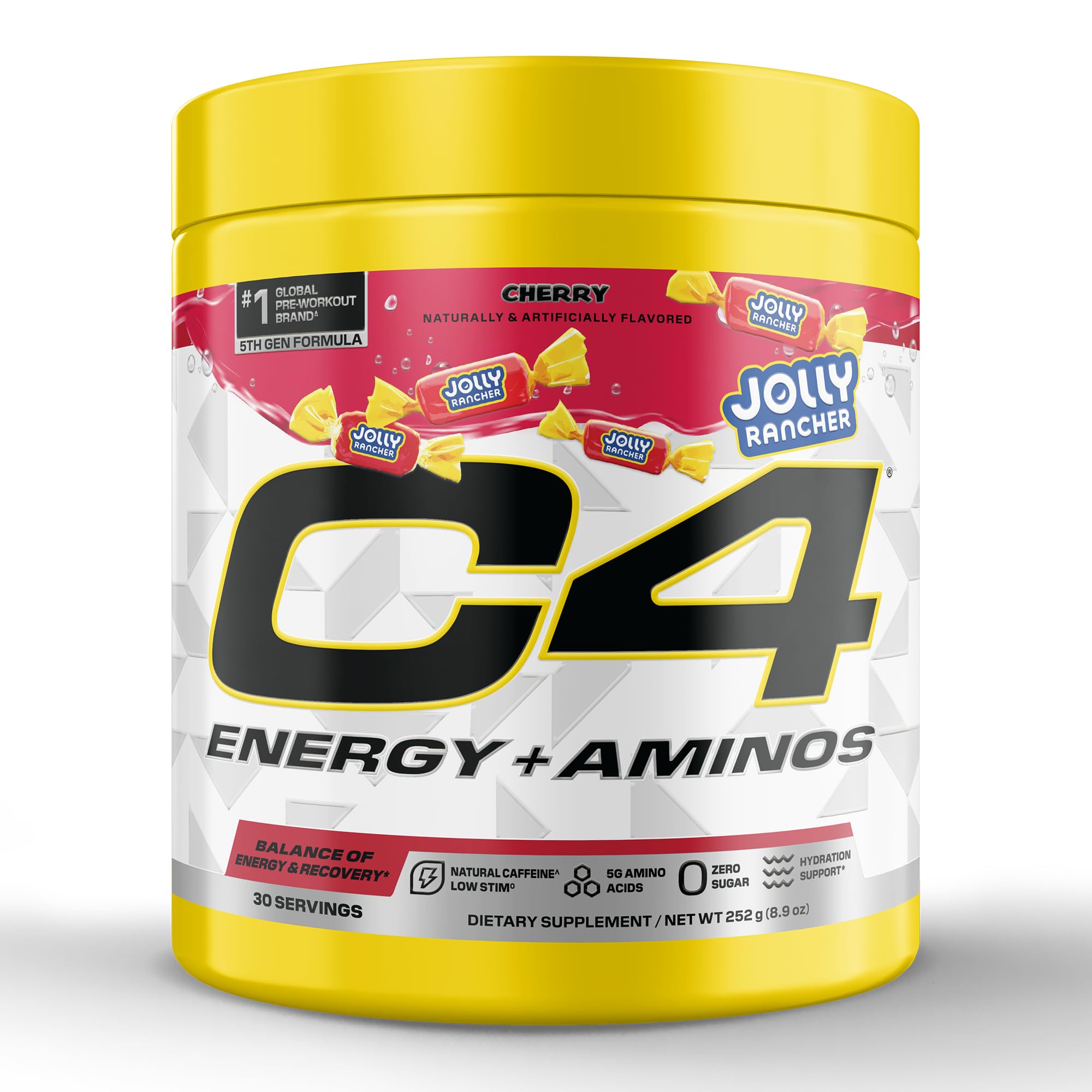 Cellucor C4 Energy + Aminos Powder | Jolly Rancher Cherry | 5g BCAAs & EAAs for Muscle Recovery, 3 Electrolytes for Hydration, 100mg Natural Caffeine | Pre Workout | Zero Sugar, 30 Servings