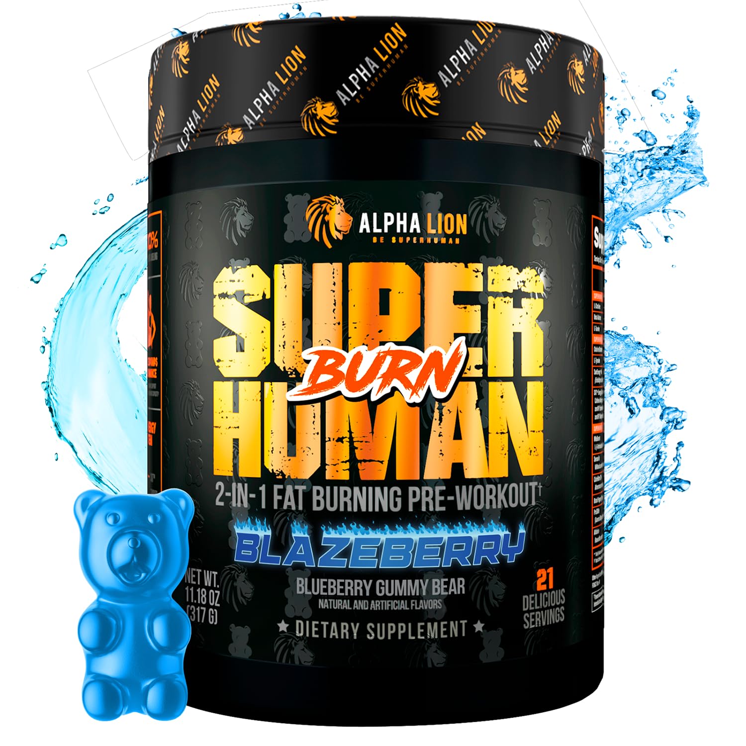ALPHA LION Superhuman Burn – 2 in 1 Metabolism Booster Pre Workout and Thermogenic Fat Burner for Men – Appetite Suppressant and Weight Loss Supplement (21 Servings, Blue Gummy Bear Flavor)