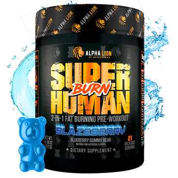 ALPHA LION Superhuman Burn – 2 in 1 Metabolism Booster Pre Workout and Thermogenic Fat Burner for Men – Appetite Suppressant and Weight Loss Supplement (21 Servings, Blue Gummy Bear Flavor)