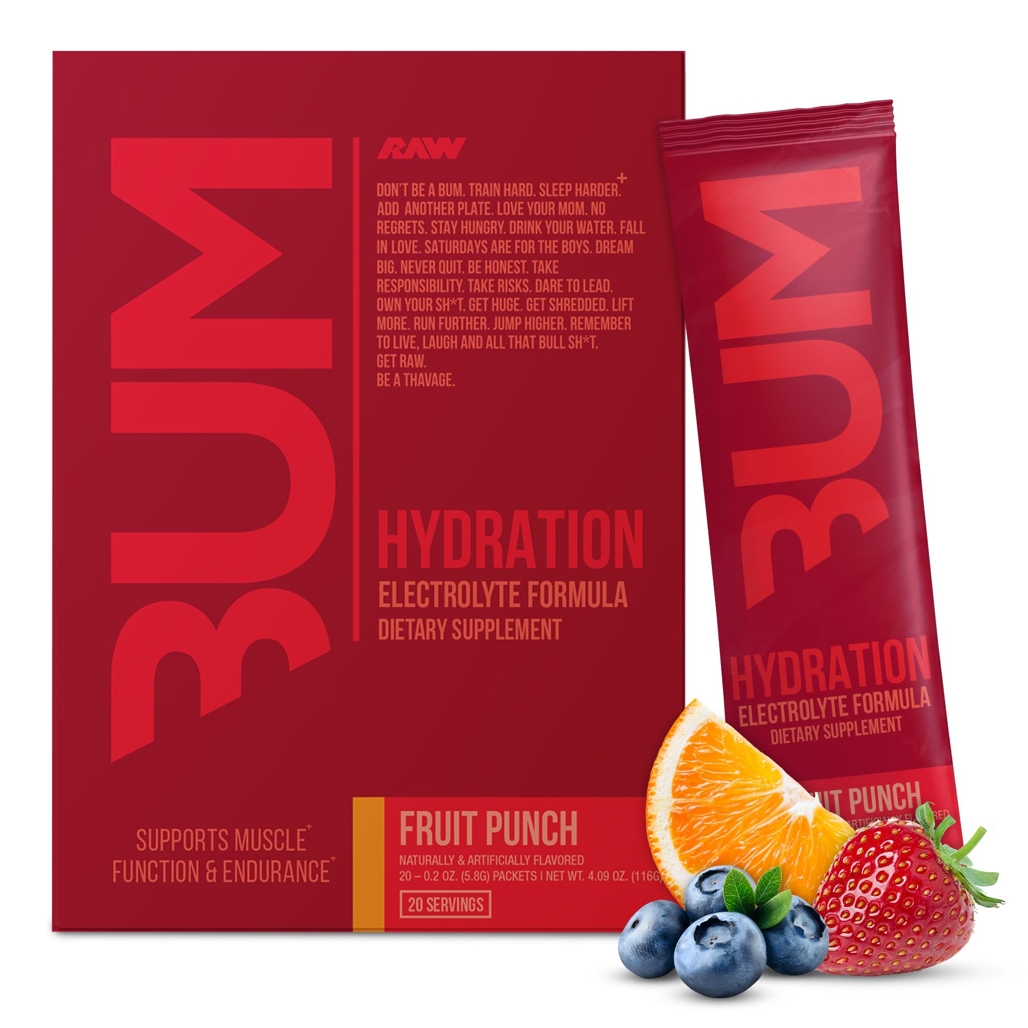 RAW Electrolytes Powder Hydration Drink Mix Packets, BUM Hydrate (Fruit Punch, 20 Servings) - Electrolyte Hydration Packets Supports Muscle Function & Endurance - Keto Free Electrolytes Powder Packets
