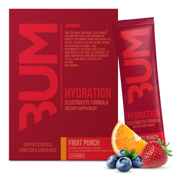 RAW Electrolytes Powder Hydration Drink Mix Packets, BUM Hydrate (Fruit Punch, 20 Servings) - Electrolyte Hydration Packets Supports Muscle Function & Endurance - Keto Free Electrolytes Powder Packets