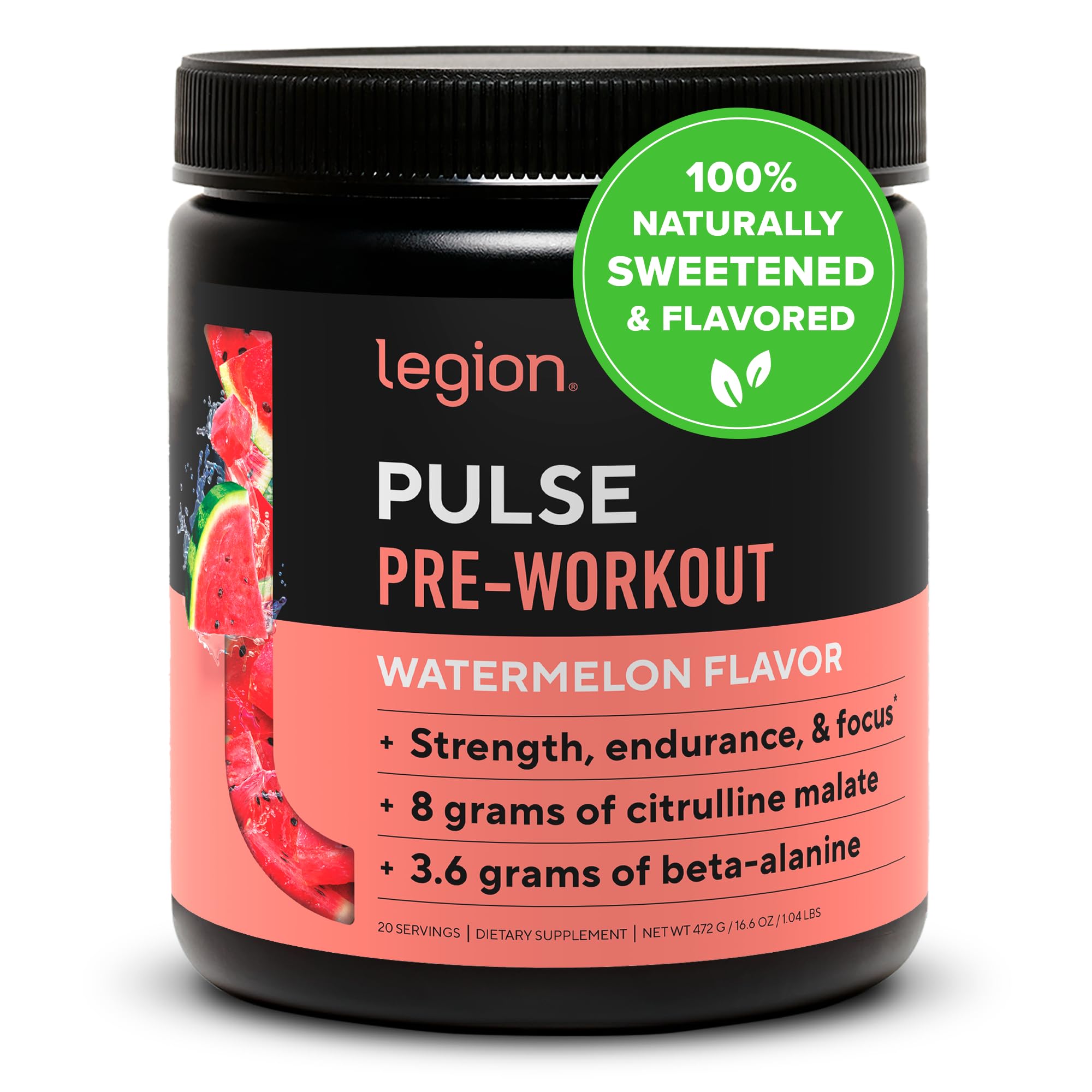 LEGION- All Natural Nitric Oxide Preworkout Drink to Boost Energy, Creatine Free, Naturally Sweetened, Beta Alanine, Citrulline, Alpha GPC (Watermelon)