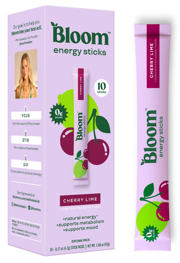 Bloom Nutrition Energy Drink Powder Packets, Sugar Free Energy Drink Mix with L-Theanine, B Vitamins & Natural Caffeine, On the Go Powder Sticks for Natural Energy, 10 Calories (10 Pouches (Pack of 1), Cherry Lime)