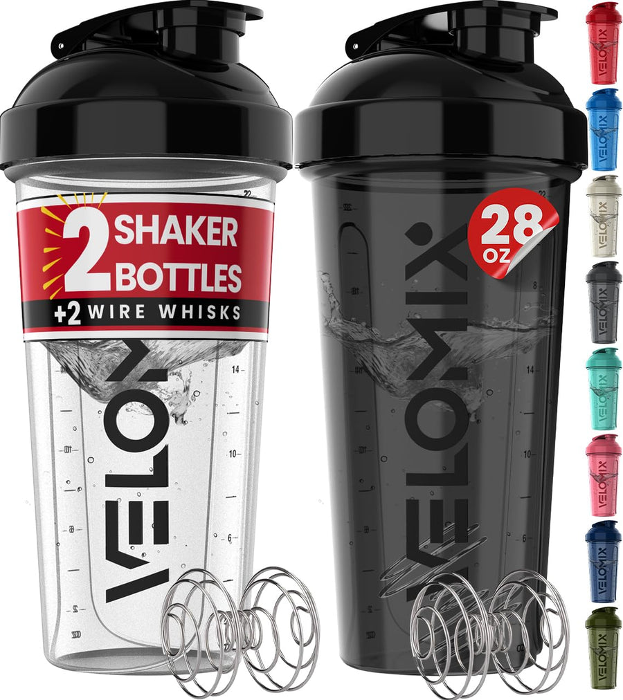 VELOMIX Protein Shaker Bottles – 2-Pack, 28 oz, Wire Whisk, Leak-Proof Shaker Cups, Black/Transparent