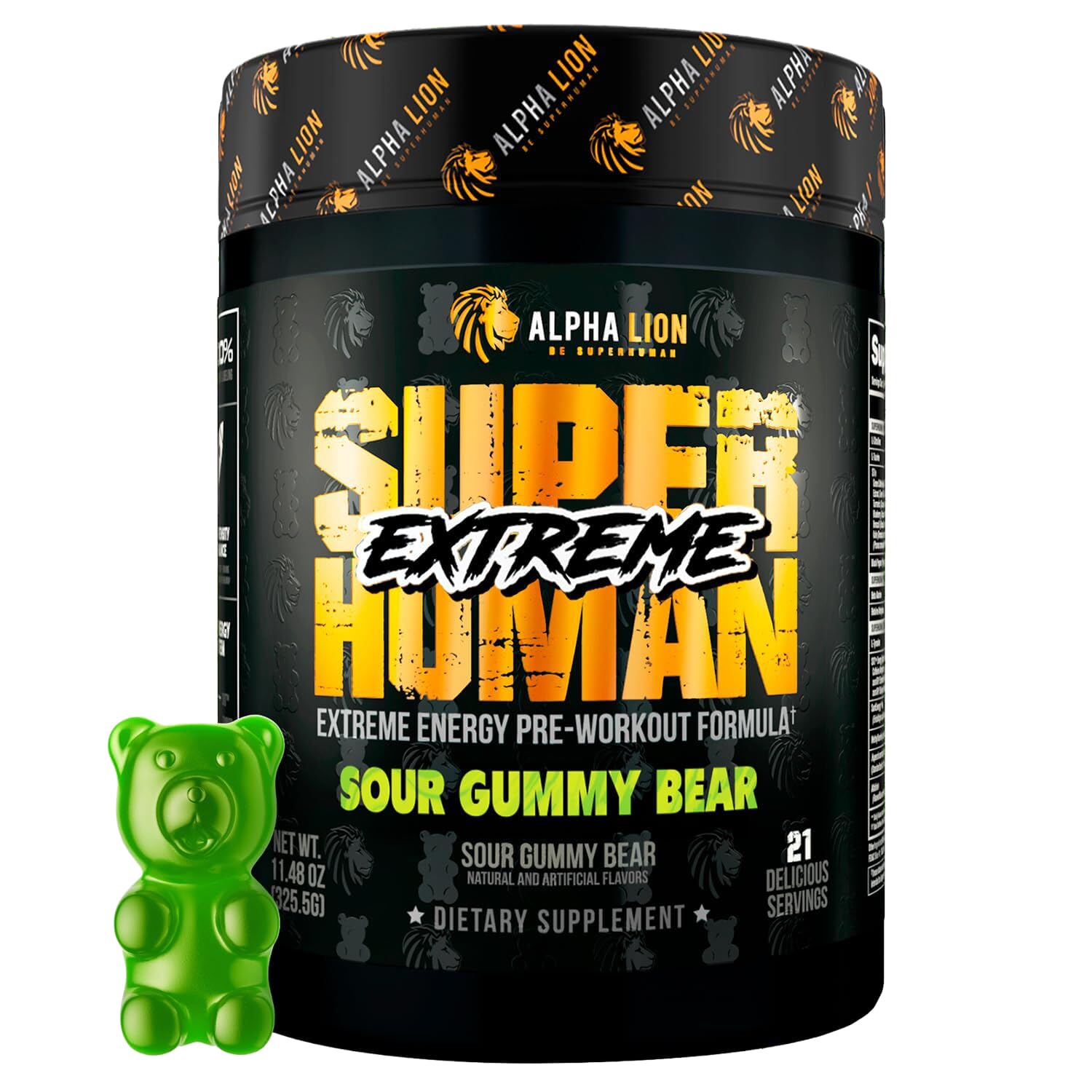 ALPHA LION Superhuman Extreme High Stim Pre Workout Powder, Beta Alanine, L-Taurine & 356mg Tri-Source Caffeine for Sustained Energy, Nitric Oxide & Citrulline for Pump (21 Servings, Sour Gummy Bear)