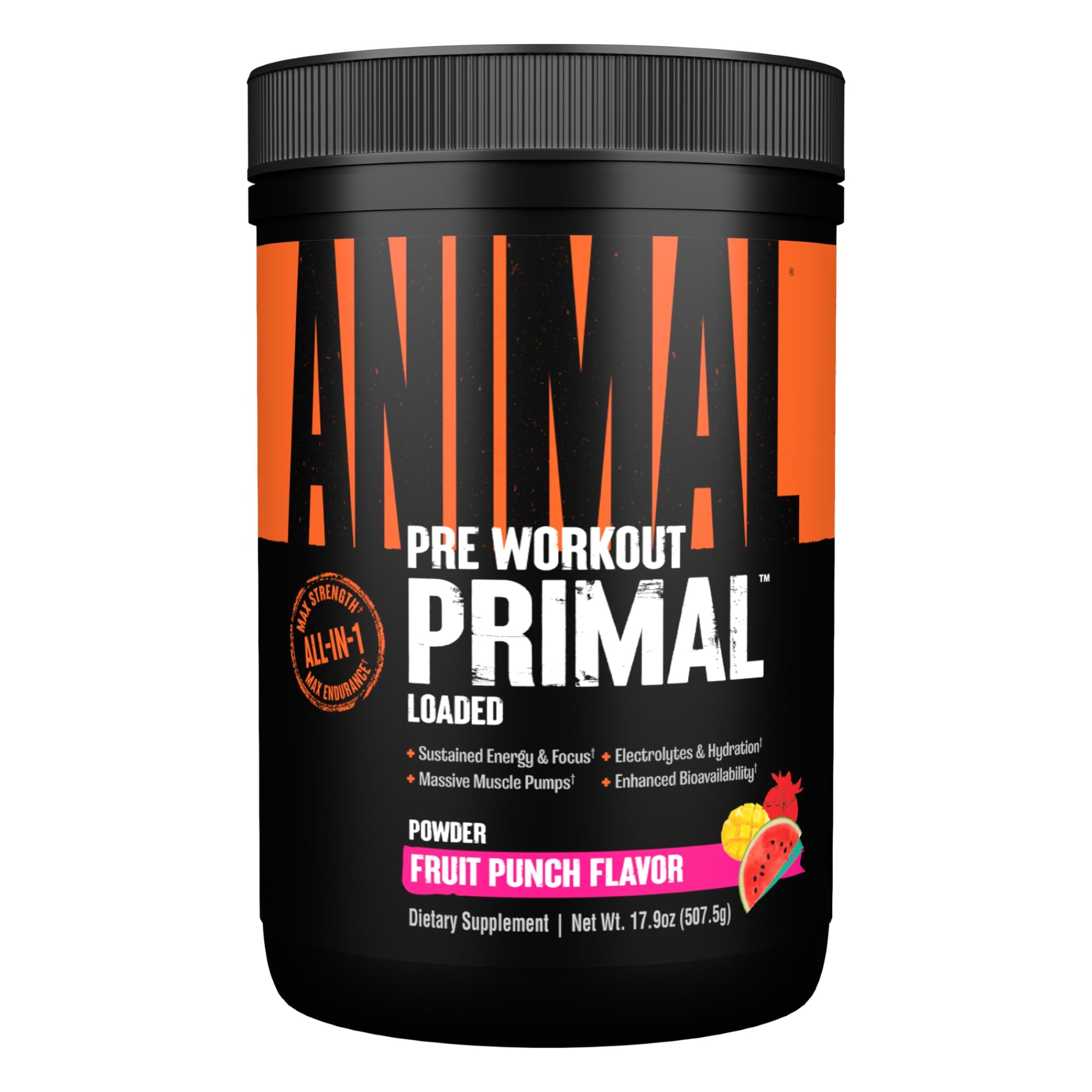 Animal Primal Muscle Hydration + Preworkout Powder – Contains Beta Alanine, 3DPump, Caffeine & Electrolytes – Improves Energy, Focus, Endurance & Absorption – Fruit Punch Flavor, 17.9 oz