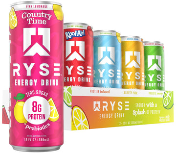 RYSE Functional Energy Drink - 5 Flavors Variety Pack - 150mg Natural Caffeine, 8g Whey Protein & 1g Prebiotics - Sugar Free, Gut-Friendly, Bloat-Free - 12 fl oz Cans (12-Pack)
