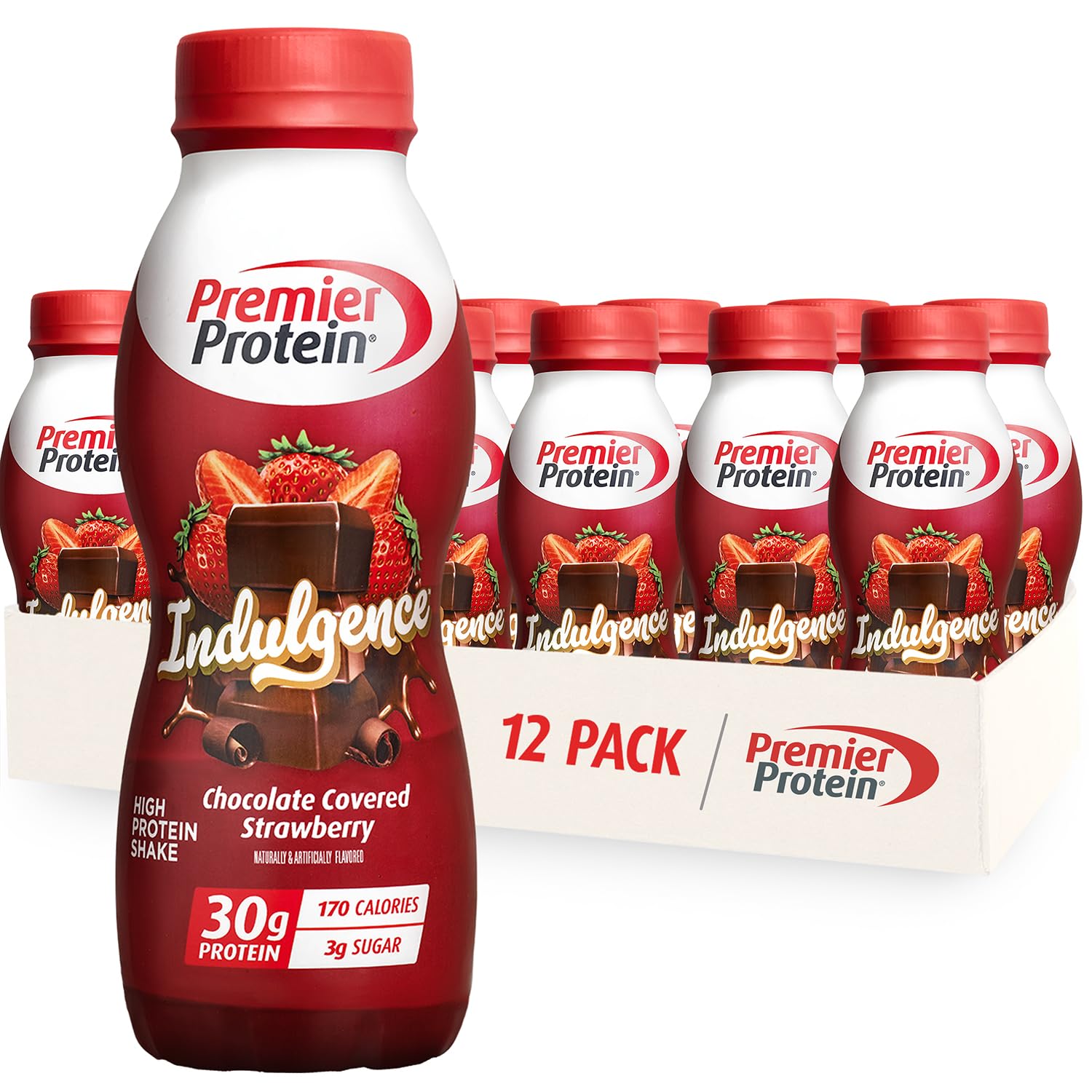 Premier Protein Indulgence Protein Shake, 30g Protein, 3g Sugar, Chocolate Covered Strawberry, 11.5 fl oz, Pack of 12