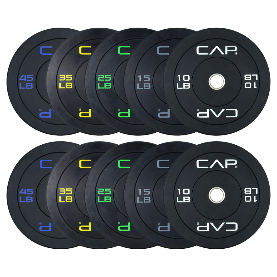CAP Barbell 260 lb Economy Olympic Bumper Plate Set – Black, Color Logo, Strength Training