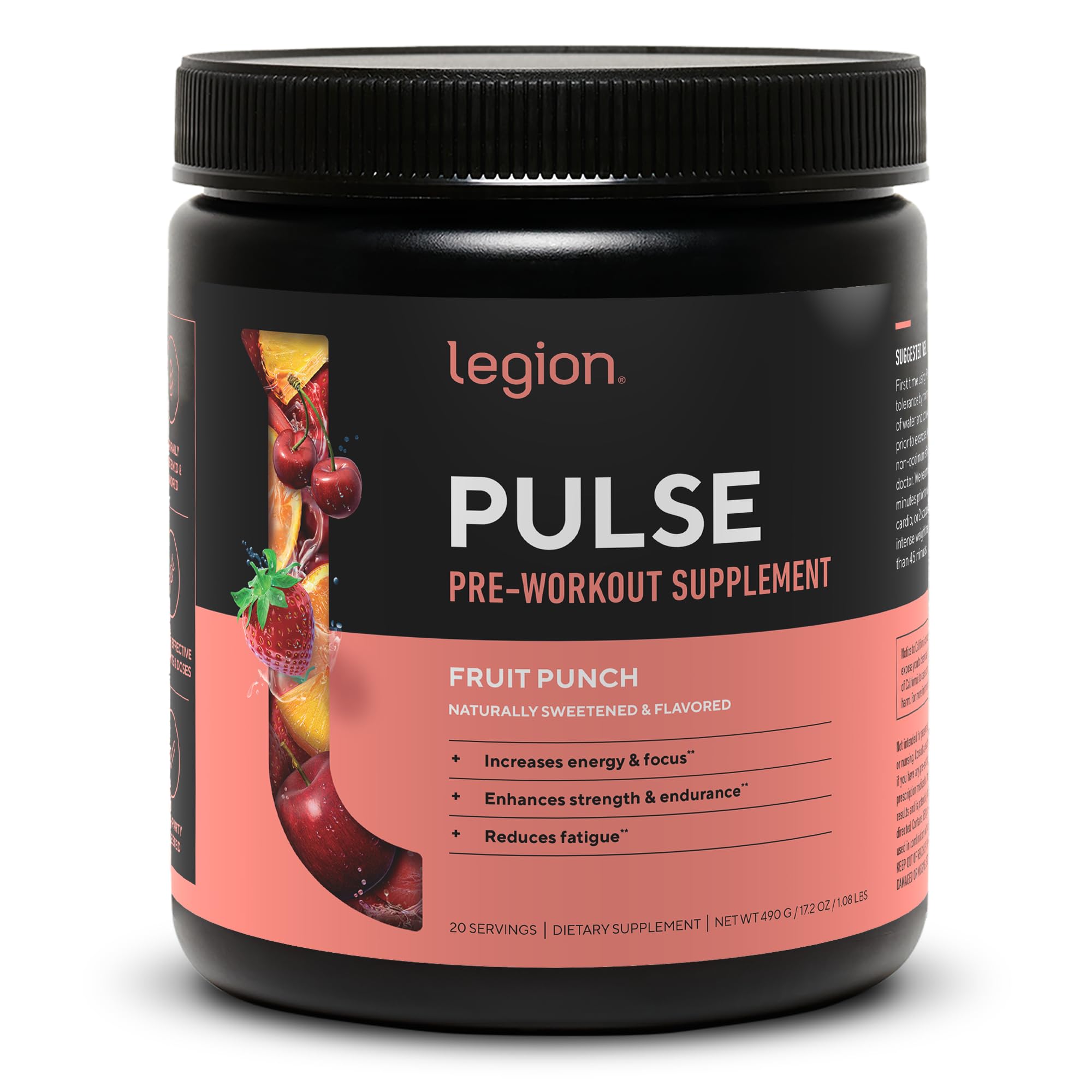 LEGION Pulse Pre Workout Supplement - All Natural Nitric Oxide Preworkout Drink to Boost Energy, Creatine Free, Naturally Sweetened, Beta Alanine, Citrulline, Alpha GPC (Fruit Punch)