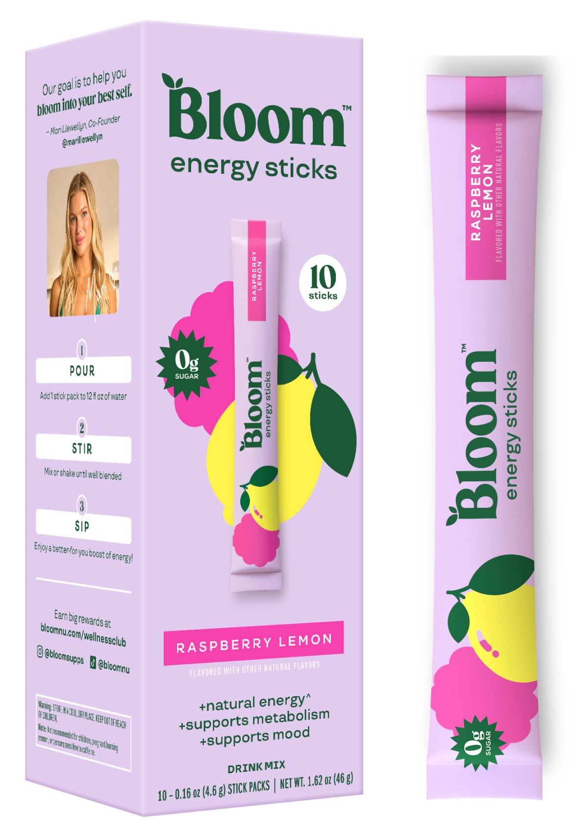 Bloom Nutrition Energy Drink Powder Packets, Sugar Free Energy Drink Mix with L-Theanine, B Vitamins & Natural Caffeine, On the Go Powder Sticks for Natural Energy, 10 Calories (10 Pouches (Pack of 1), Raspberry Lemonade)