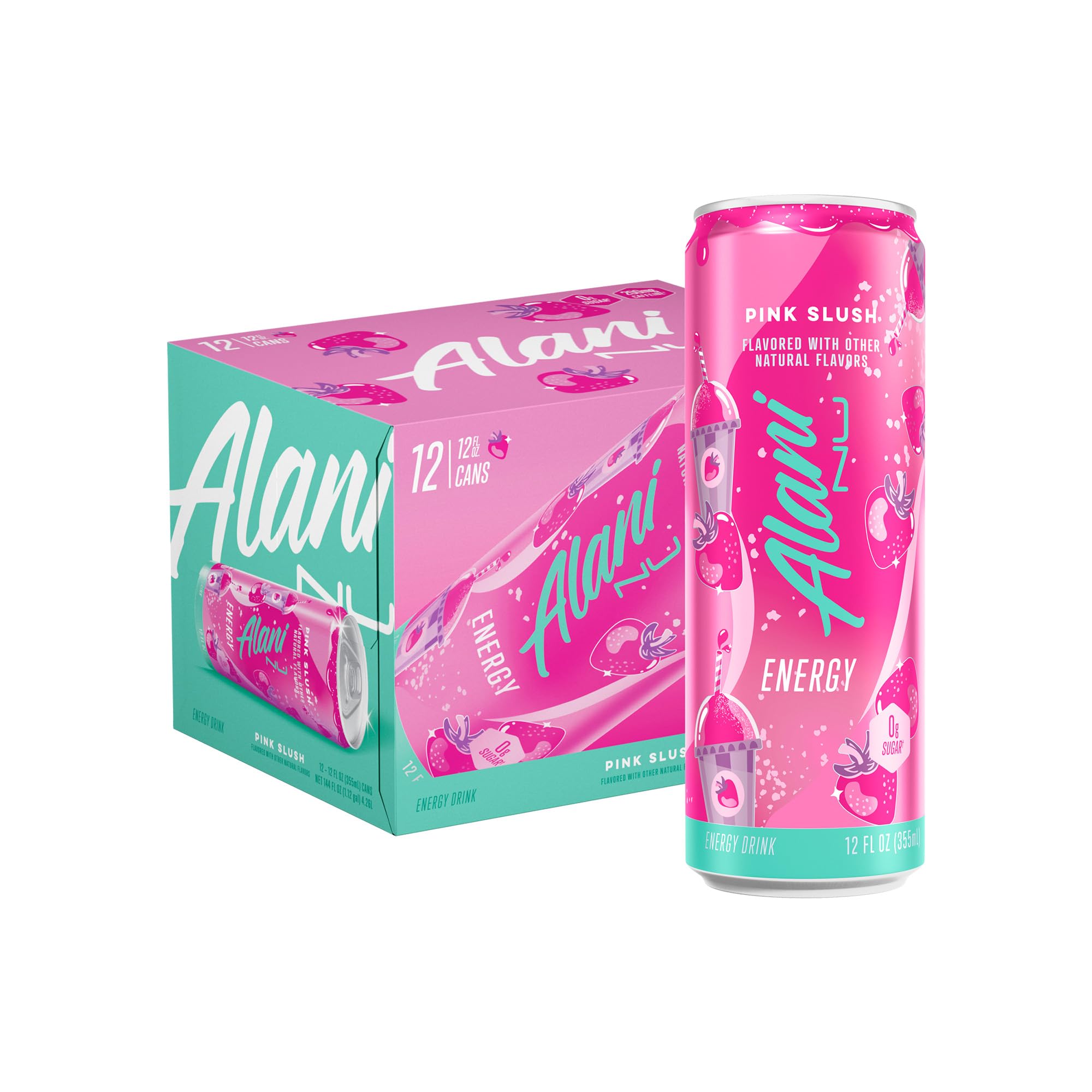 Alani Nu PINK SLUSH, Sugar Free, Low Calorie Energy Drinks, 200mg Caffeine, Biotin, B Vitamins, Zero Sugar, 10 Calories, 12 Fl Oz Cans, 12 Pack