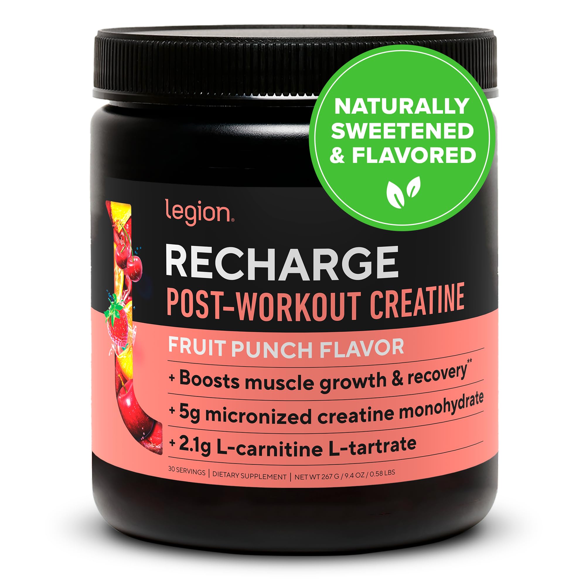 LEGION Recharge Post Workout Supplement - All Natural Muscle Builder & Recovery Drink with Micronized Creatine Monohydrate. Naturally Sweetened & Flavored, Safe & Healthy (Fruit Punch, 30 Serve)