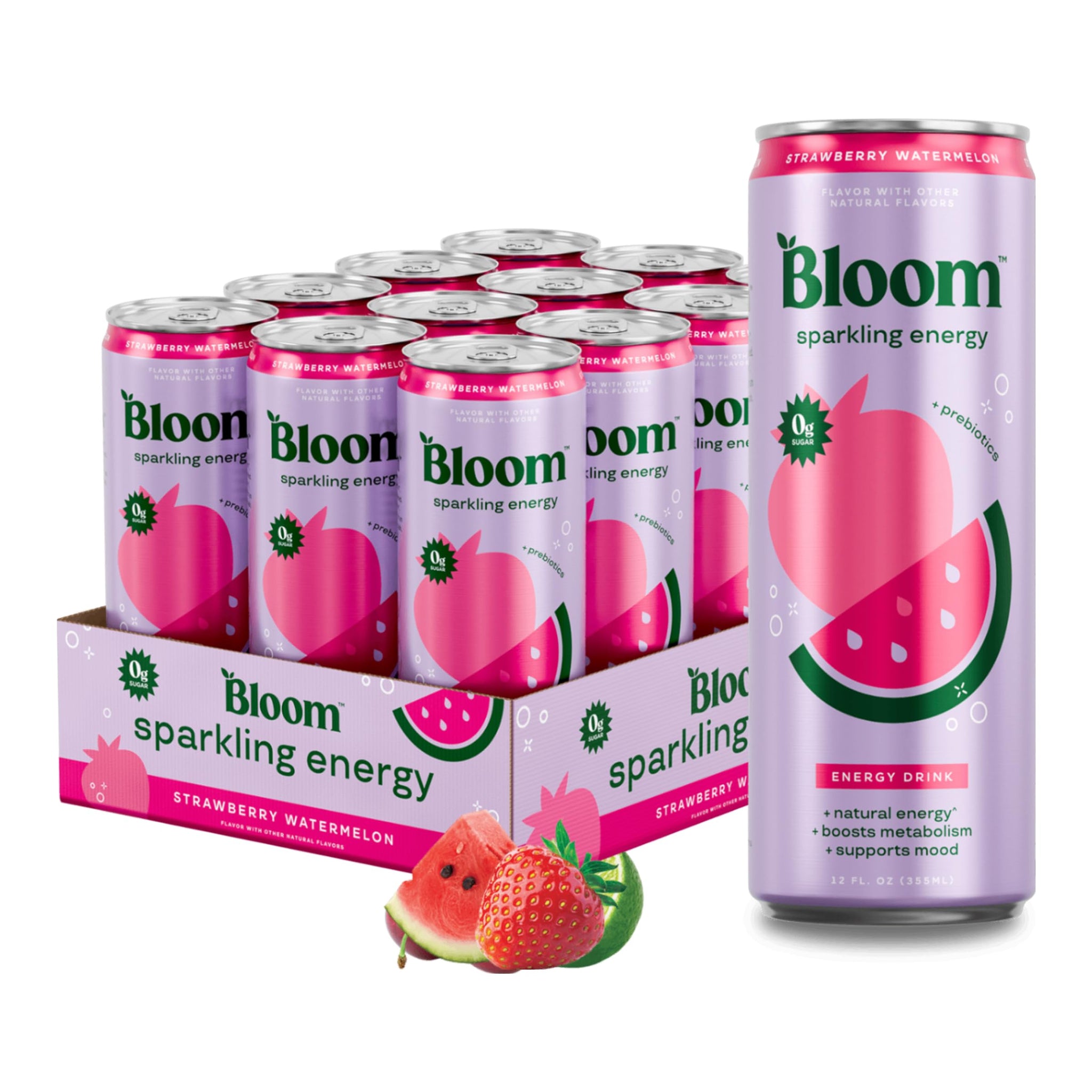 Bloom Nutrition Sparkling Energy Drink - Natural Caffeine, Zero Sugar, 180mg Caffeine - Antioxidant-Rich with Green Coffee Bean, Green Tea Extract, Prebiotics - Strawberry Watermelon - 12oz 12 Pack