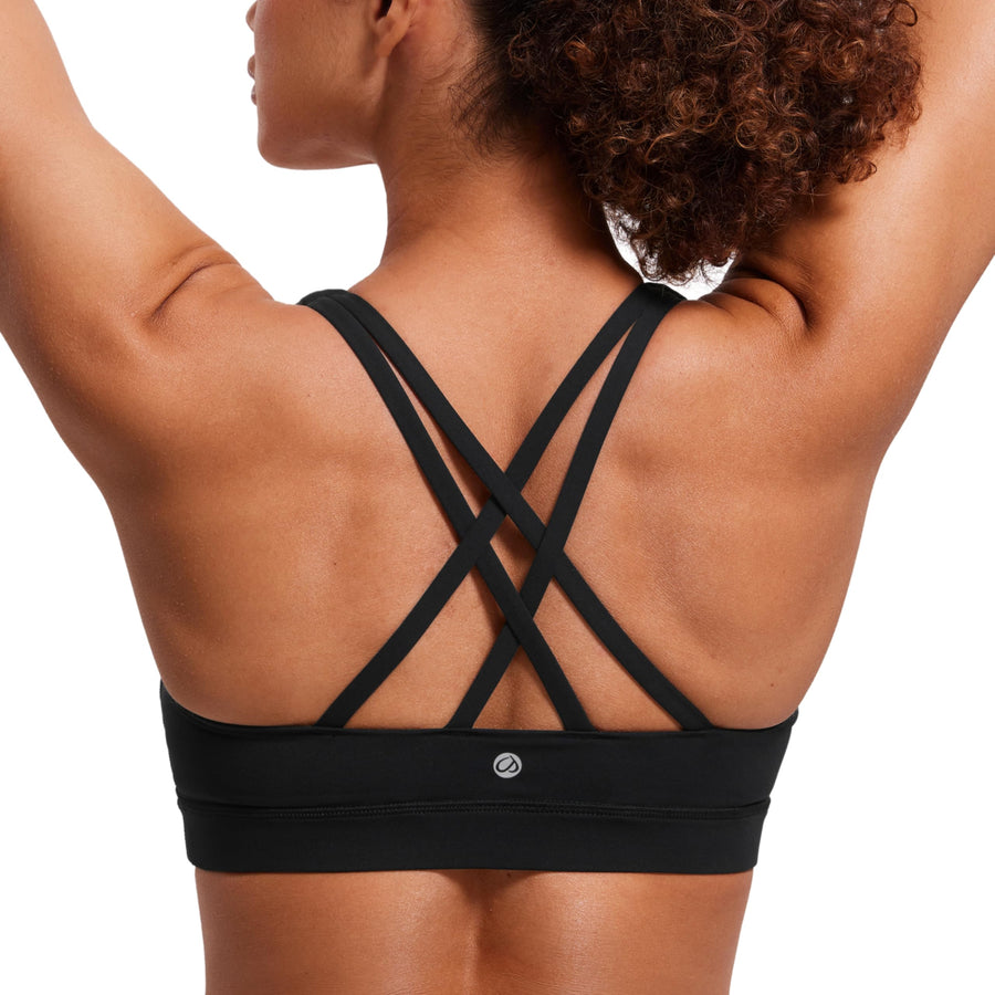 CRZ YOGA Women's Strappy Sports Bra Criss Cross Back – Padded Fitness Yoga Top Black